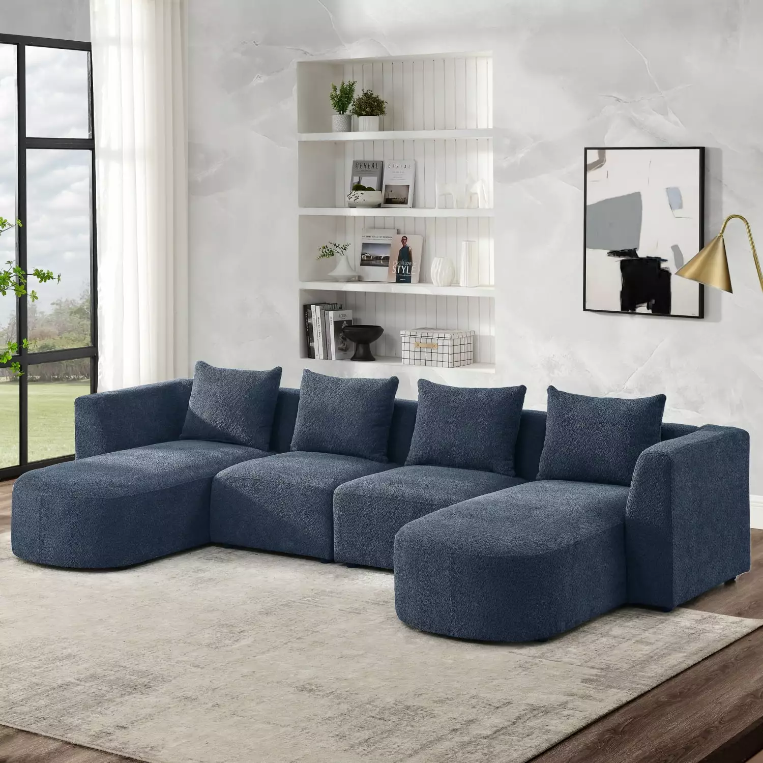 Stylish Navy Modular U Shape Sectional Sofa with Two Single Seats and Two Chaises Versatile Loop Yarn Fabric DIY Home Furniture Solution