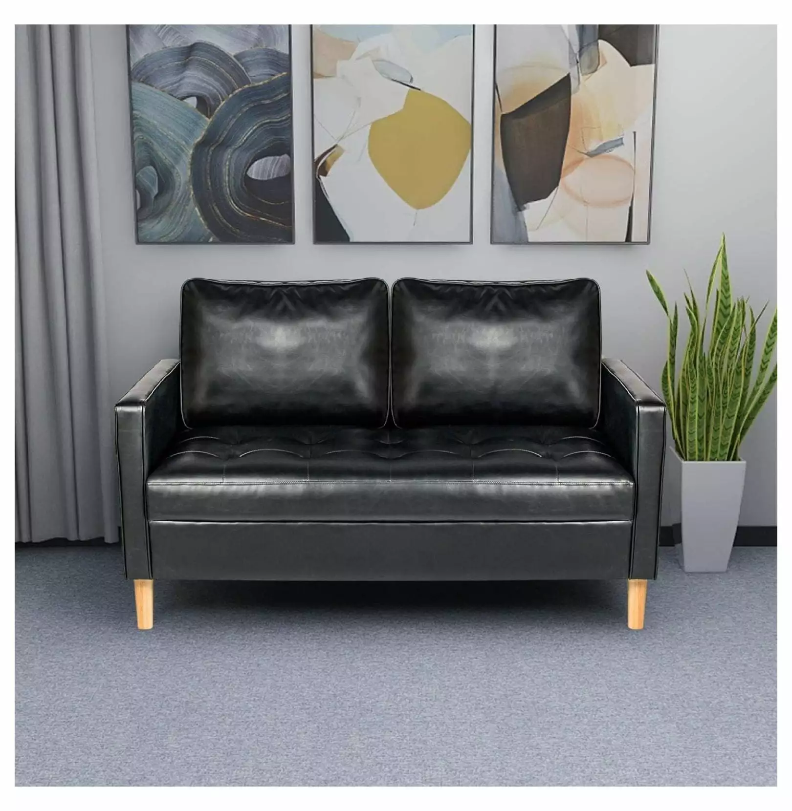 Superwum 57 Modern Sofa Couch. Black Faux Leather Loveseat for Living Room. Comfy Office Love Seats. Small Couches for Small Space