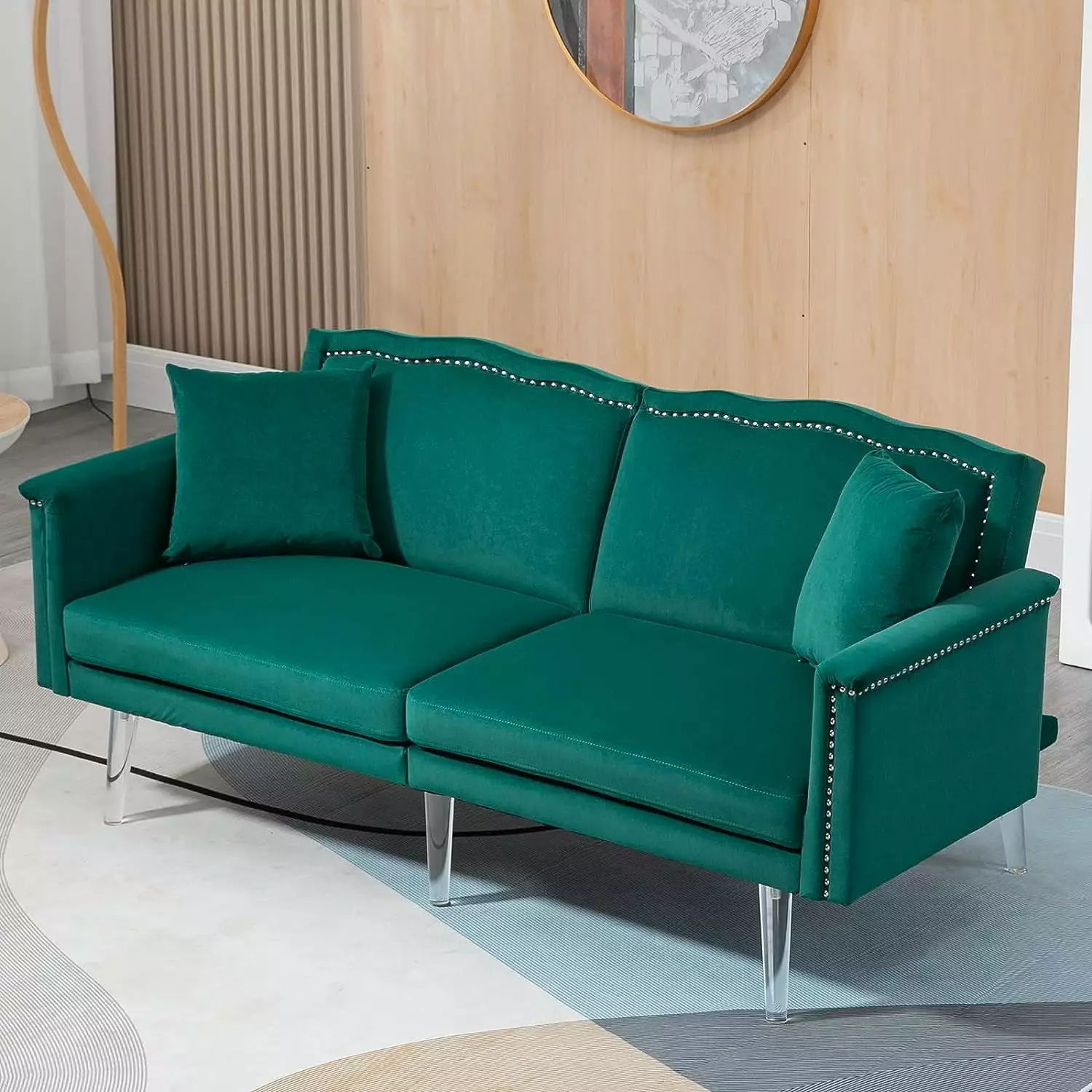 Tabaray Love Seat Sofa Bed Sleeper. Futon Couch Bed. Velvet Loveseat with Acrylic Legs.Rivet.Convertible Couch Bed for Living Room. Small Sapces.Bedroom (Green)