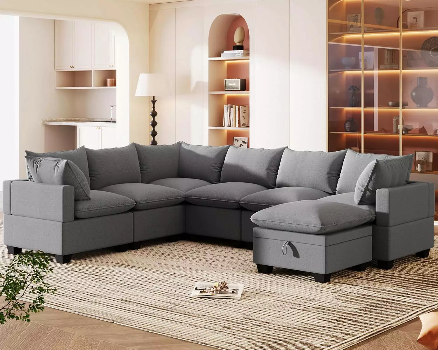 Tabaray U Shaped Modular Couch. 7 Seat Oversized Sofa Couch. Modular Sectional Sofa with Storage Ottoman. Fabric Modular Couch with Reversible Chaise for Living Room. Gray