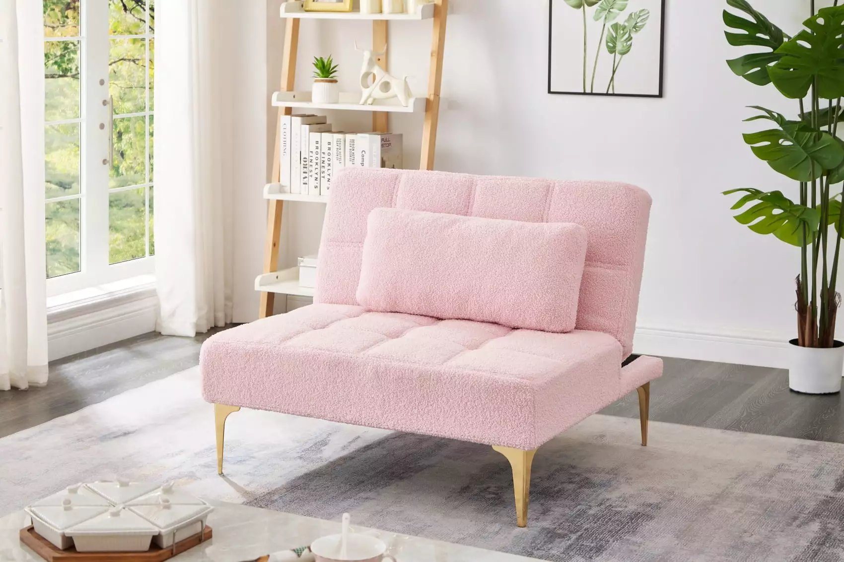 Teddy Fabric Armless Couch with Pillow. Convertible Couch Bed Futon with Gold Metal Legs for Living Room & Apartment. Pink