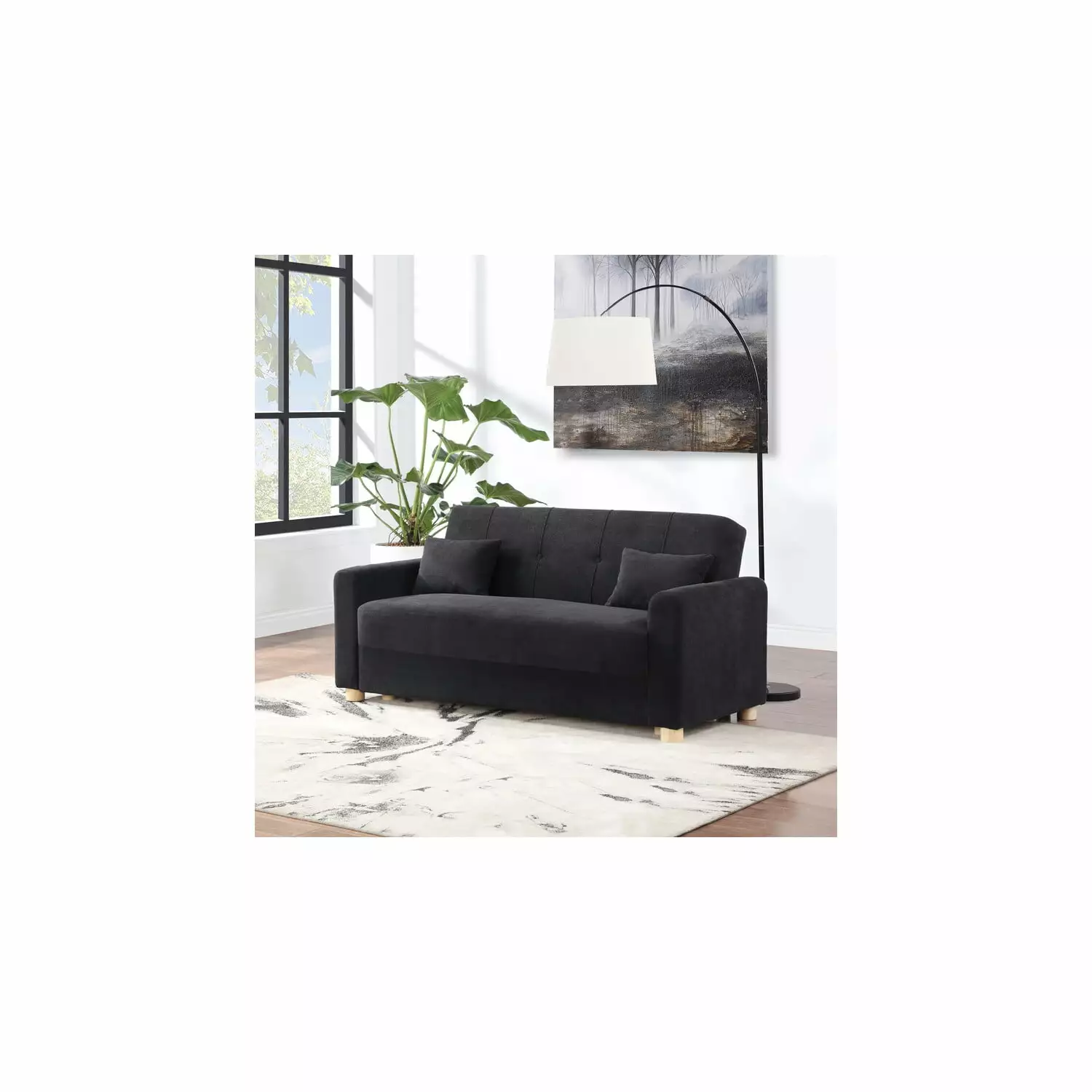 Thomas 66W Black Fabric Convertible Sleeper Loveseat with Storage