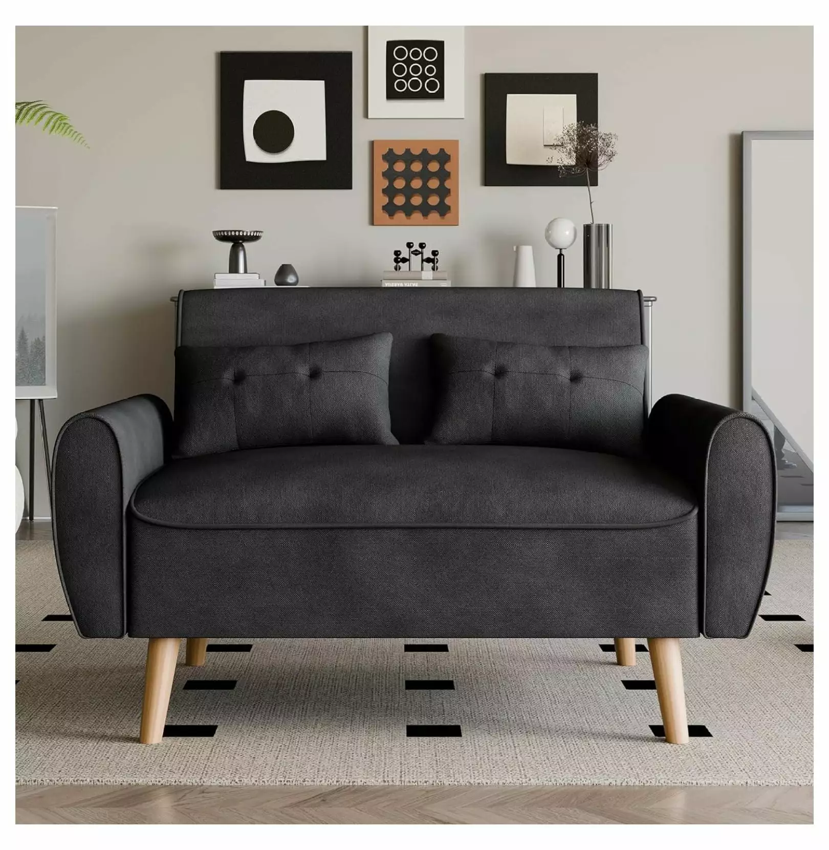 TiaGOC 47 Small Modern Loveseat Sofa. Century Linen Fabric 2-Seat Sofa Couch Tufted Love Seat with Back Cushions and Tapered Wood Legs for Living Room. Bedroom and Small Space (Black)