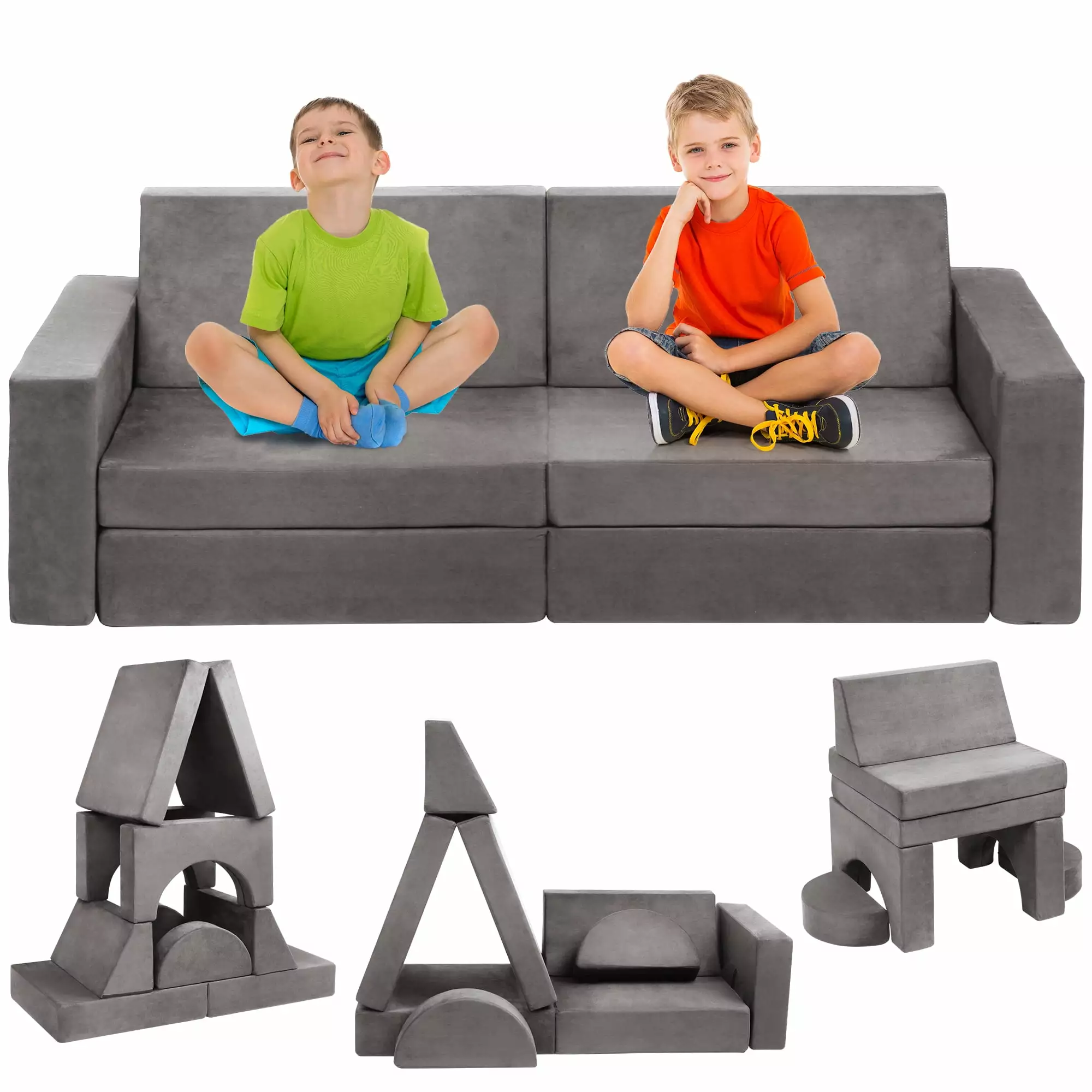 Tolead 8 Pcs Modular Kids Play Couch Child Sectional Convertible Sofa. Imaginative Furniture. Gray