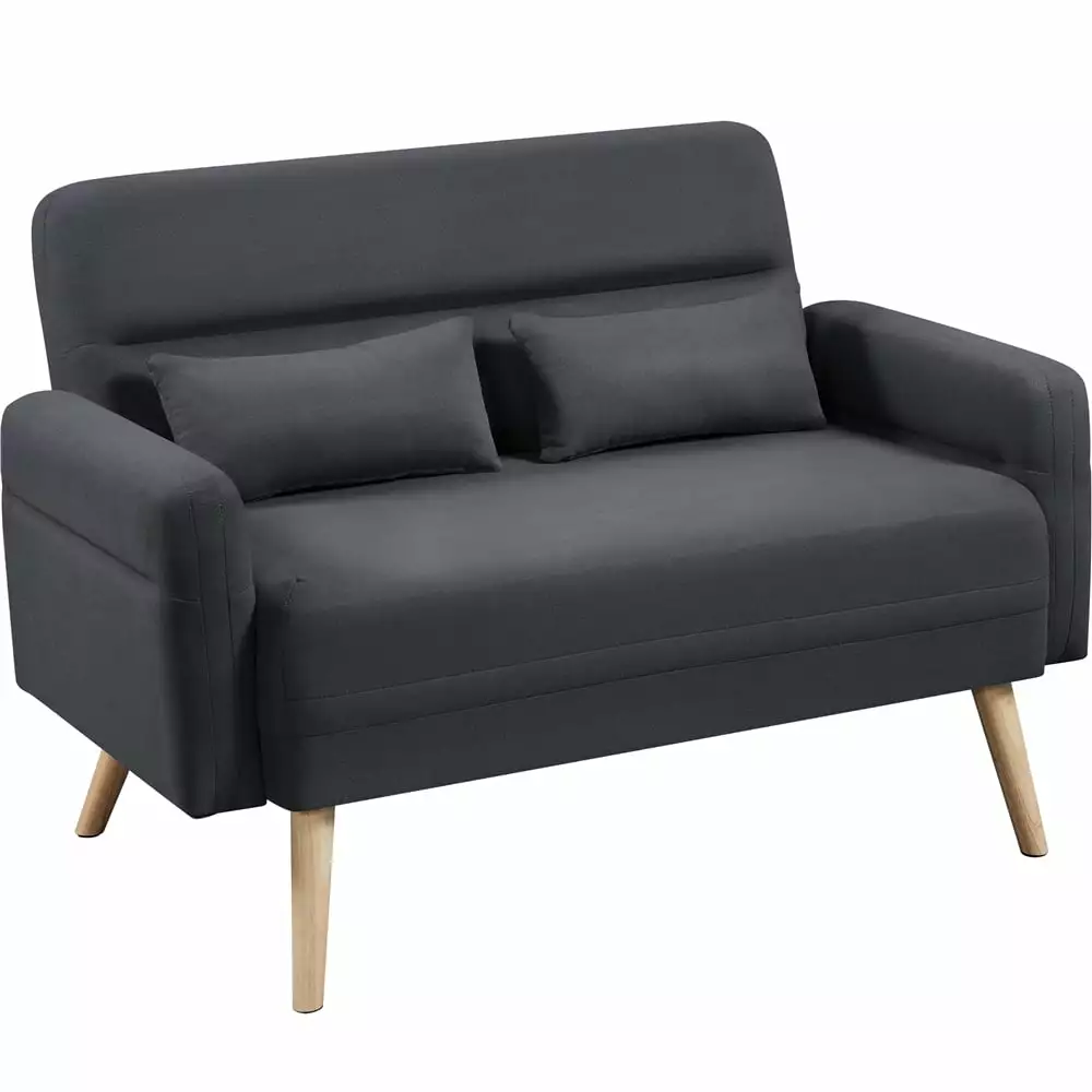 Topeakmart 46 W Small Fabric Loveseat Sofa with Lumbar Pillows & Wood Legs for Living Room. Dark Gray