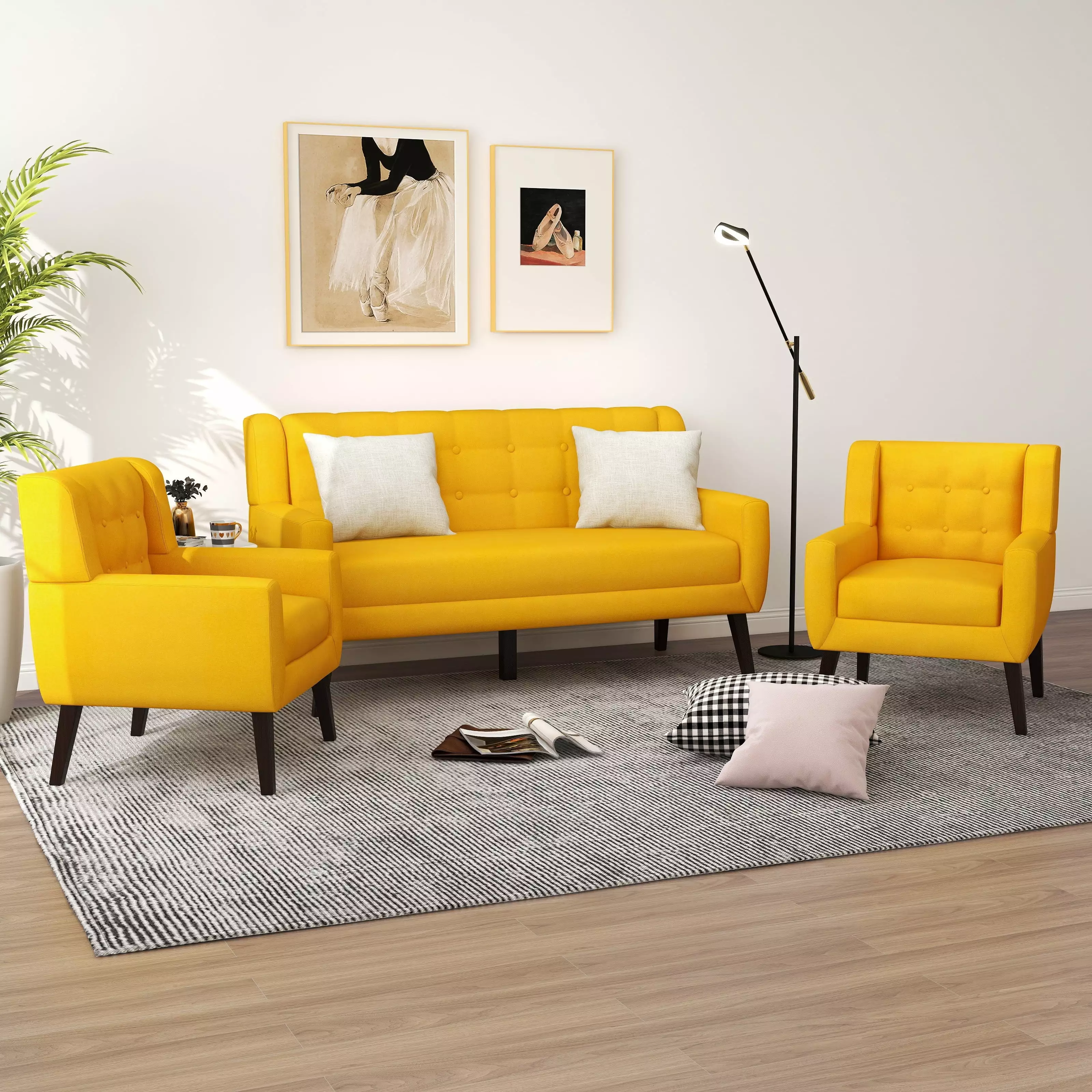 Tufted Linen/Cotton Loveseat with 2 Accent Chairs Yellow