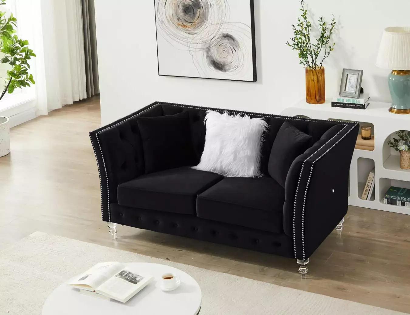 Two-Seater Sofa. Modern Lounge Couch Sofa with Three Pillows. Deep Tufted Button Luxury Loveseat with Acrylic Feet for Living Room. Bedroom and Apartment