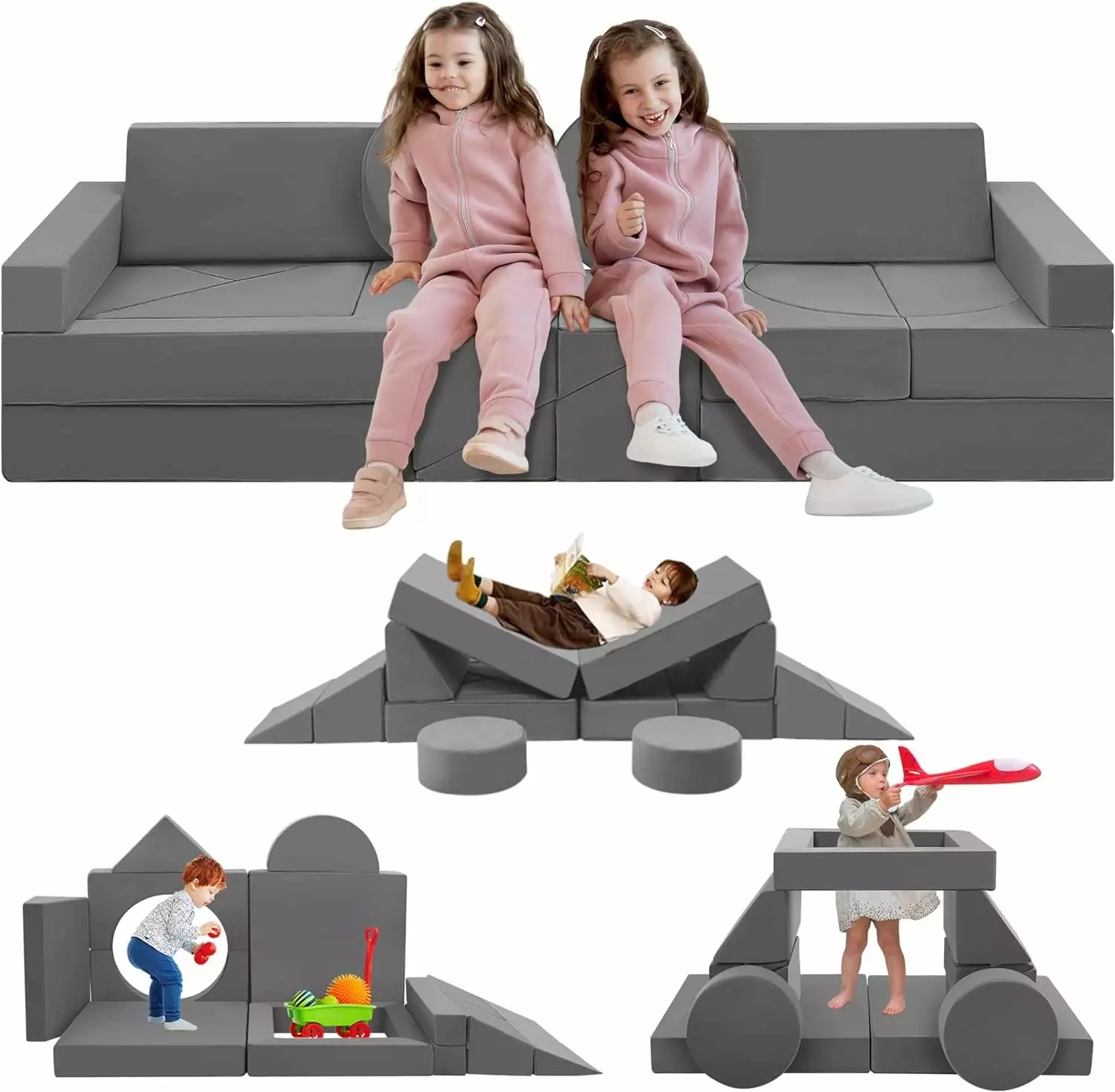 Tykacna 18pcs Kids Couch Building Fort. Modular Kids Play Couch. Convertible Foam Play Sofa for Toddler and Baby Playroom. Fold Out Couch Sectional Play Set for Creative Girls Boys (Gray)