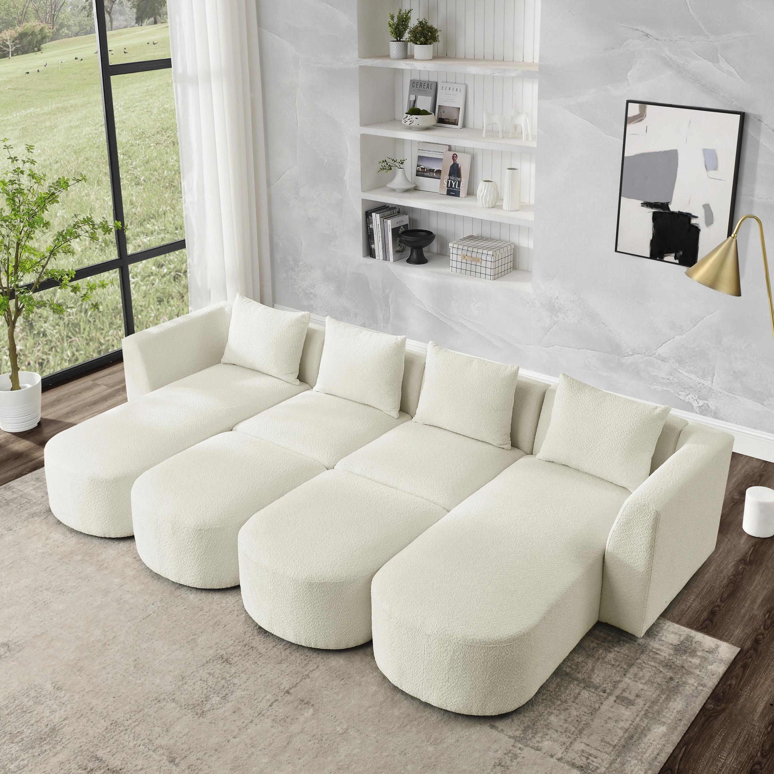 U Shape Sectional Sofa including Two Single Seat. Two Chaises and Two Ottomans. Modular Sofa. DIY Combination. Loop Yarn Fabric. Beige 00155