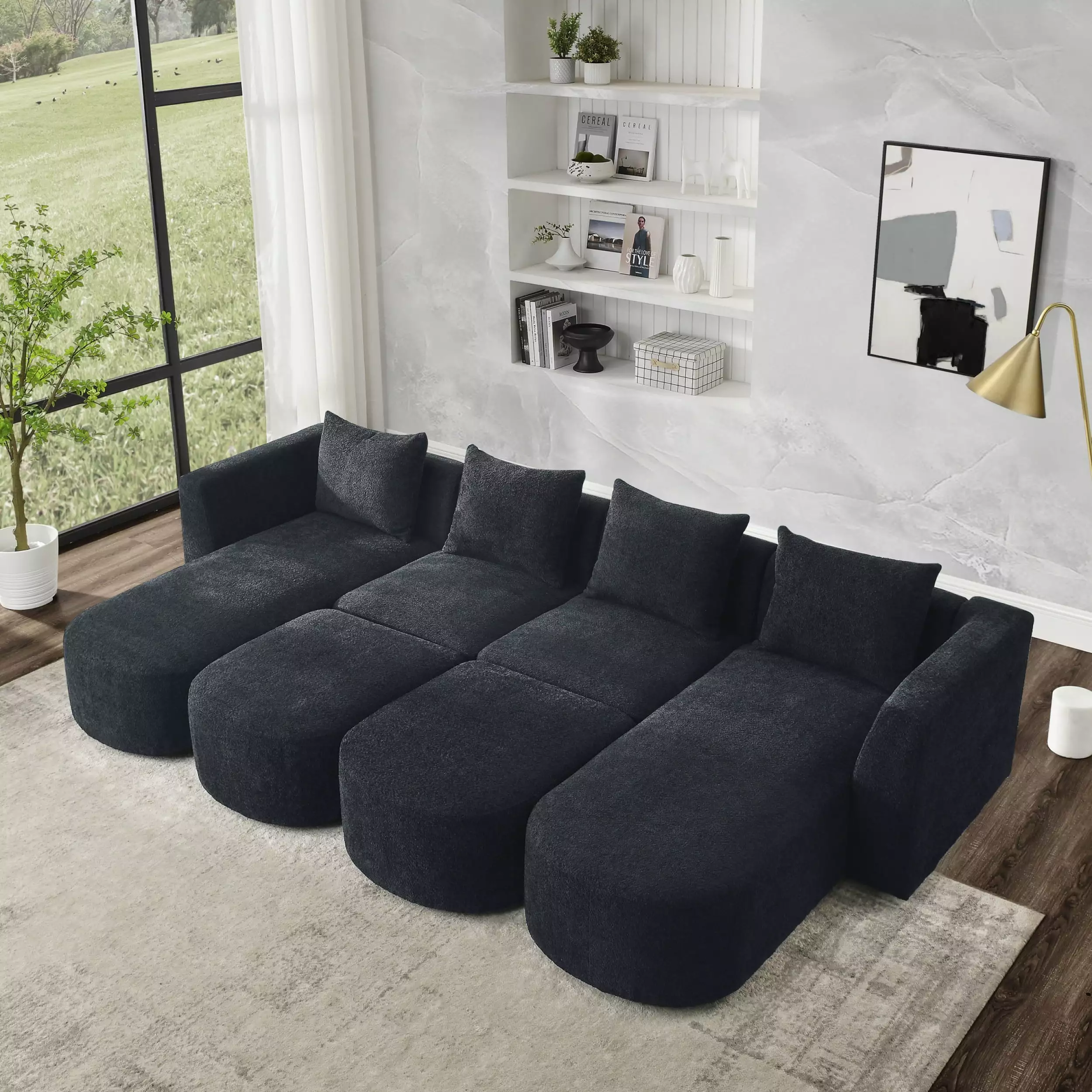 U Shape Sectional Sofa including Two Single Seat. Two Chaises and Two Ottomans. Modular Sofa. DIY Combination. Loop Yarn Fabric. Black 00159