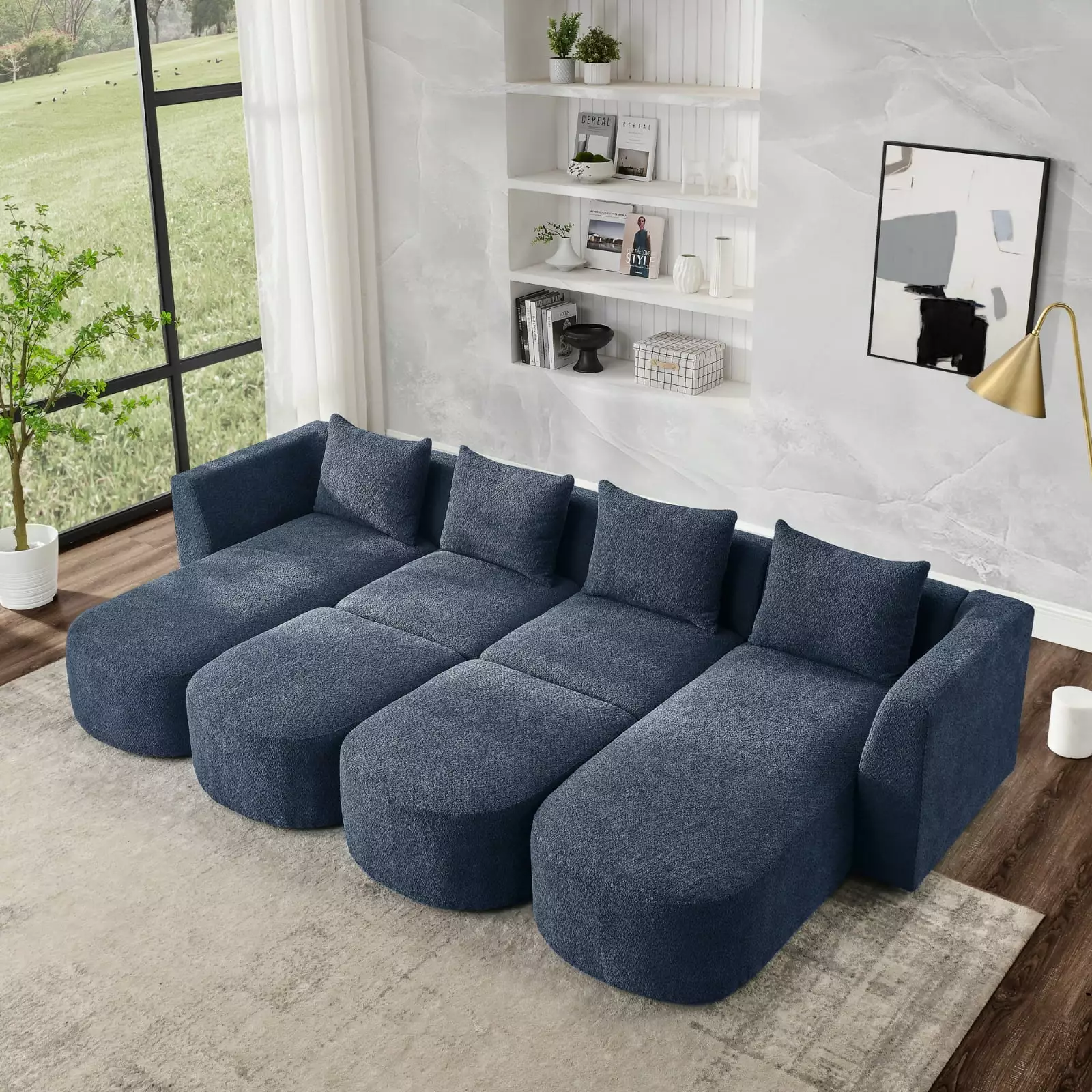 U Shape Sectional Sofa including Two Single Seat. Two Chaises and Two Ottomans. Modular Sofa. DIY Combination. Loop Yarn Fabric. Navy 00163