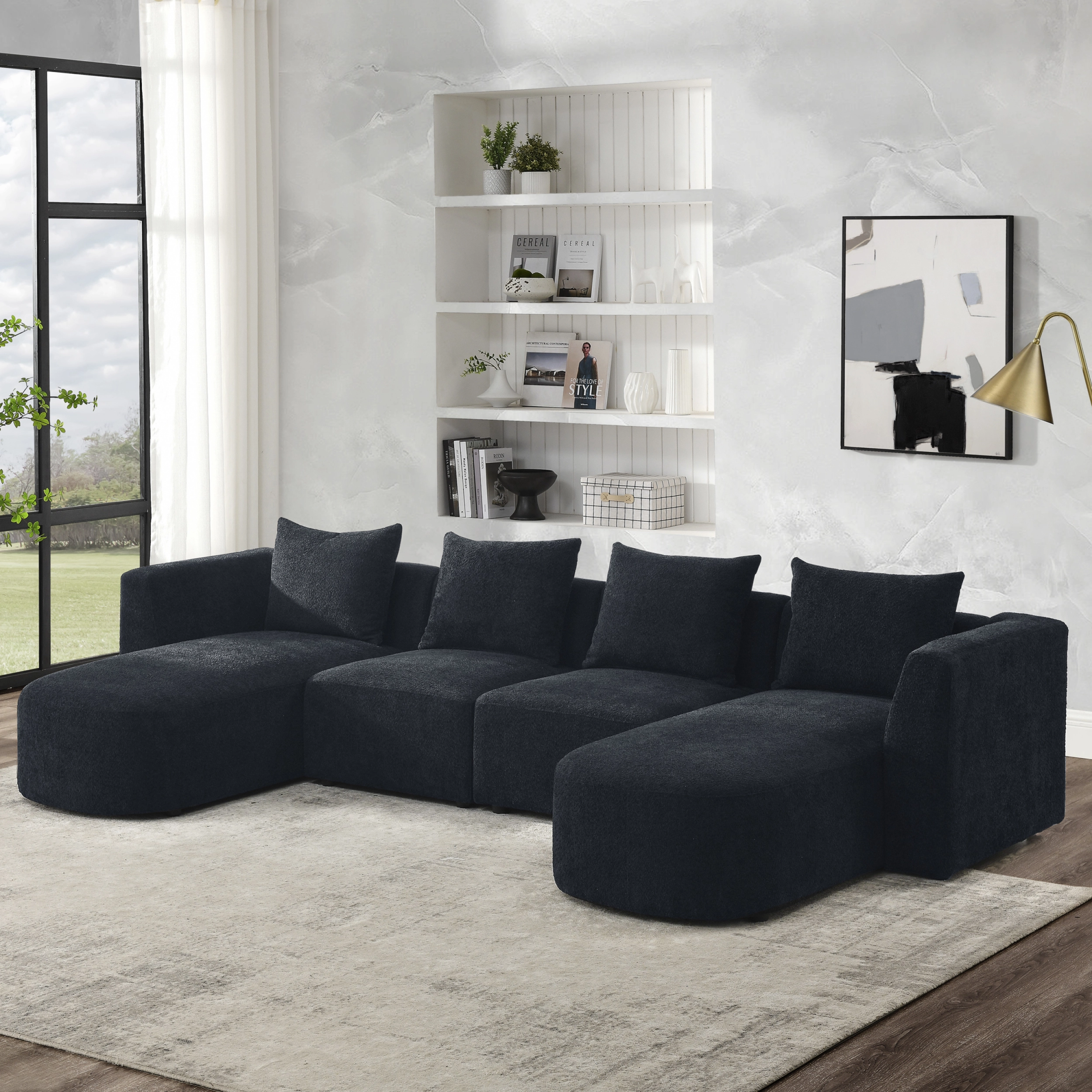 U Shape Sectional Sofa including Two Single Seats and Two Chaises. Modular Sofa. DIY Combination. Loop Yarn Fabric. Black 00158