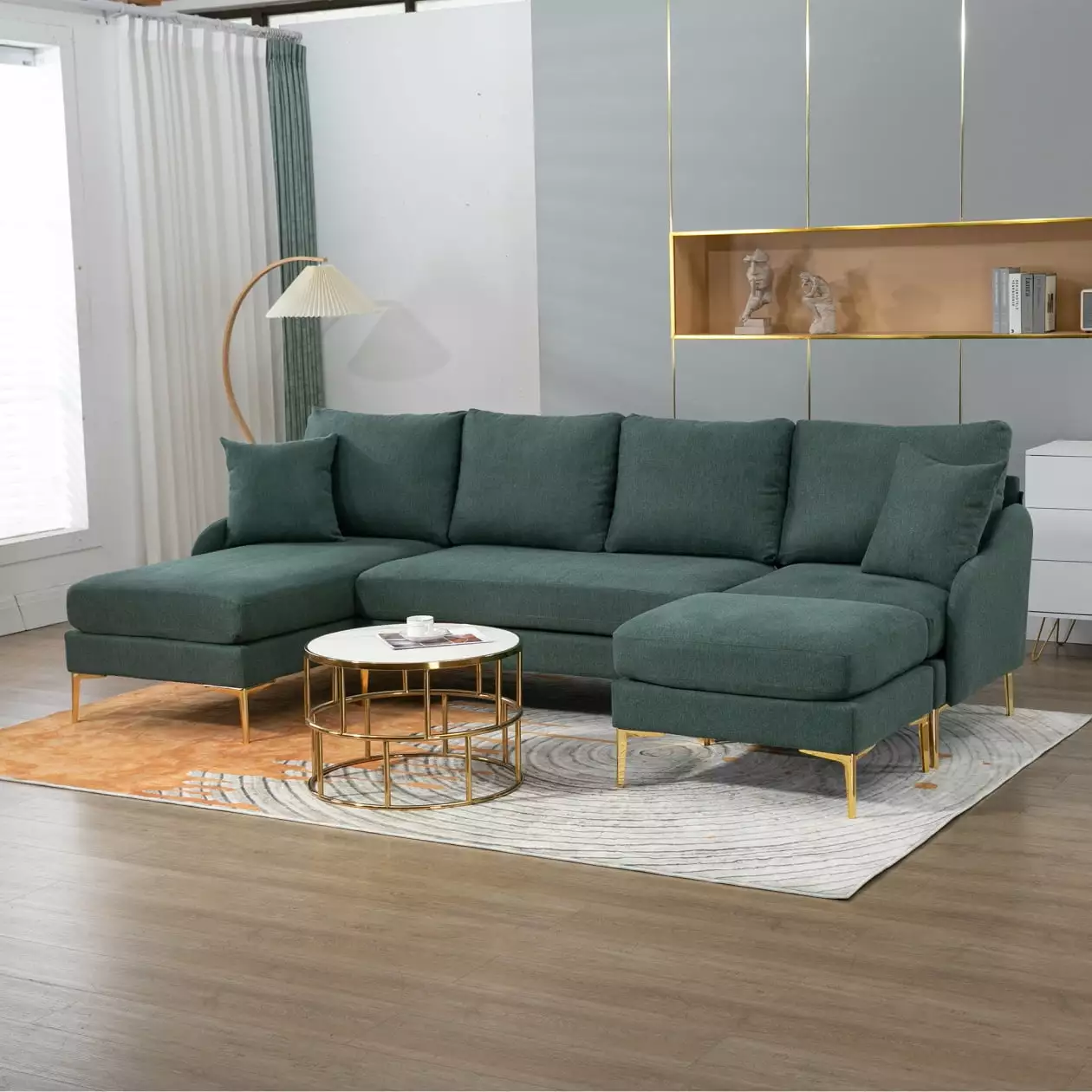 U Shaped Convertible Sectional Sofa. 110 W Modular Sectional Couch with with Chaise Lounge and 2 Throw Pillows. Upholstered 4-Seater Sofa Sectional Couch for Living Room. Bedroom. Lounge. Green