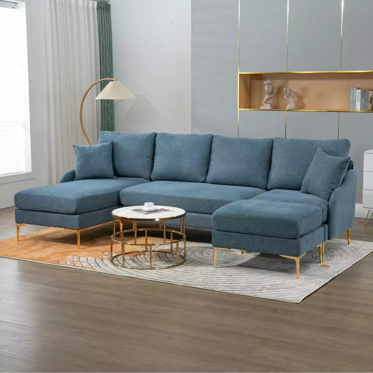 U-Shaped Convertible Sectional Sofa w/Reversible Chaise and Movable Ottoman. 110W 4-Seater Convertible Corner Couch Modern Design Comfy Sofa & Couch for Living Room. Apartment. Office. Blue