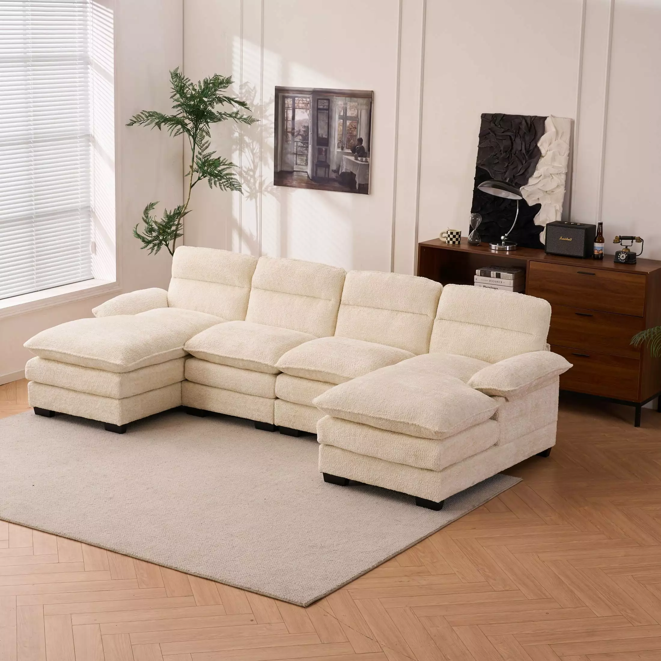 U-Shaped Profile Sofa. Including Two Single Seats And Two Chaise. Modular Sofa. Chenille Sofa.White