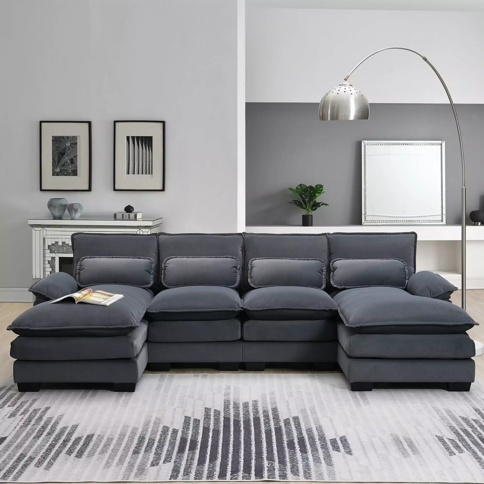 U-Shaped Sectional Couch with Chaise. Modern Upholstered Sectional Couch. 6-Seater Sectional Couch with 4 Waist Pillows. Heavy Duty Sofa Furniture. Sectional Couch for Living Room. Gray