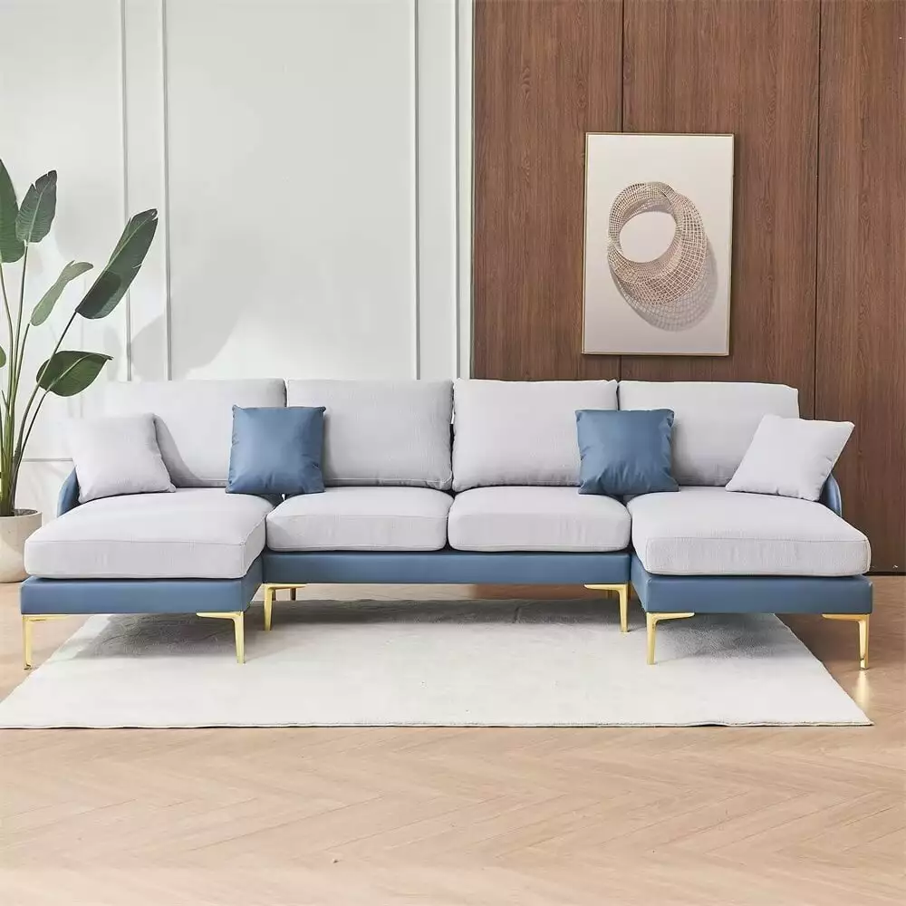 U-Shaped Sectional Sofa. 108.5 Modern Large Linen+Leathaire Fabric Upholstered 4-Seat Couch with Chaise and Metal Legs. Modular Segmented Sofa Ultra Wide Lounge Chair for Living Room. Blue+Light Gray