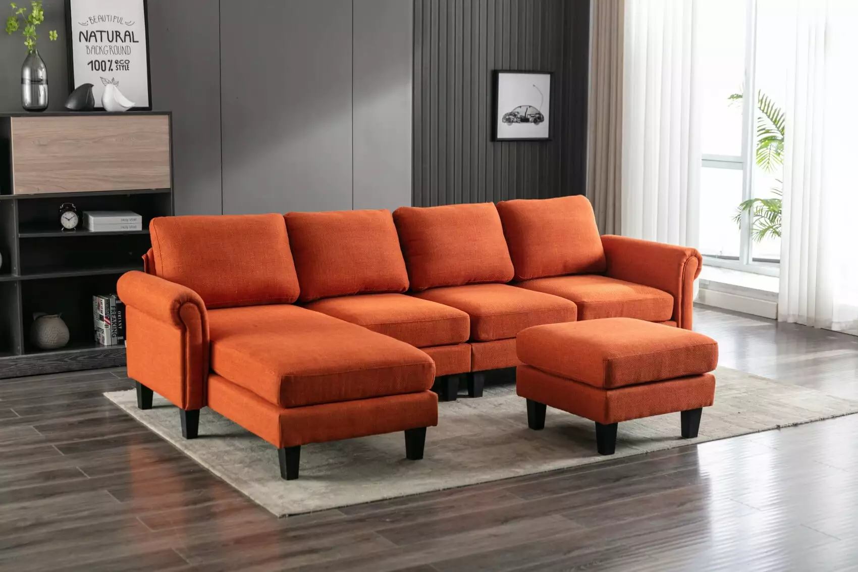 U-Shaped Sectional Sofa with Chaise lounge and Movable Ottoman. 108 W 5-Seater Corner Couch with Padded Cushions and 2 Pillows. Modular Sectional Sofa for Home Office Apartment. Orange