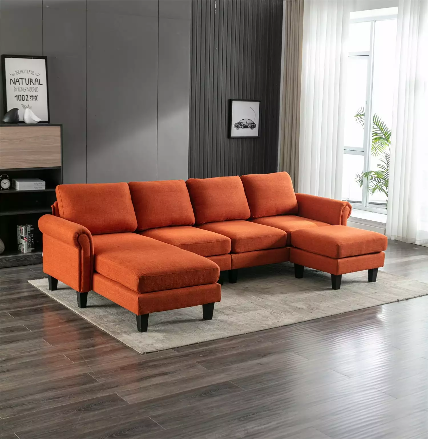 U-Shaped Sectional Sofa Couch. 108 Inch Modern Linen Fabric Upholstered Accent Sofa with Removable Ottoman and 2 Pillows Modular Sectional Sofa for Living Room. Orange