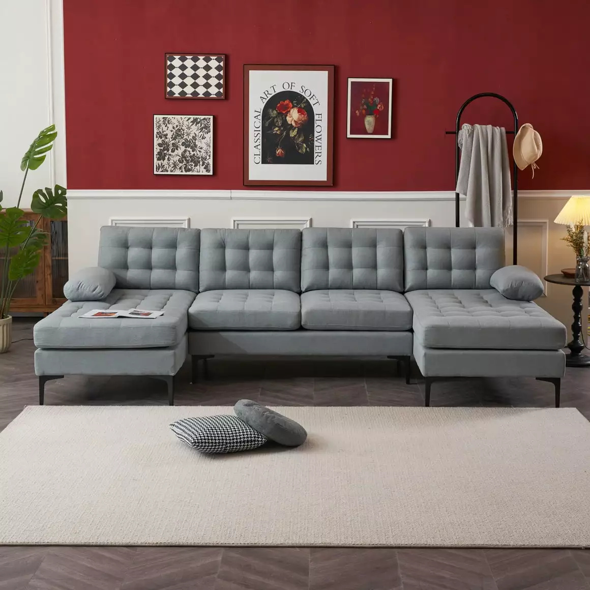 U-Shaped Sectional Sofa. Linen Upholstered Modular Sofa with Soft-Covered Armrest and Backrest. Modern Accent Sofa with Metal Legs and Padded Seat. Soft Sofa Couch for Living Room Apartment.Light Gray