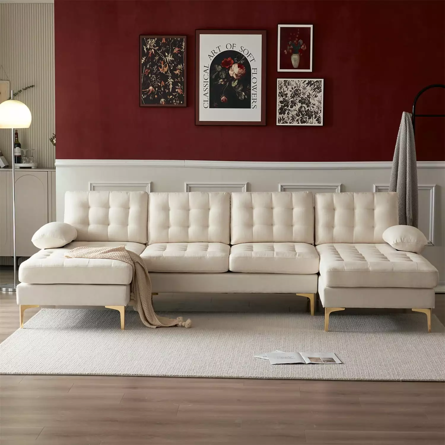 U-Shaped Sectional Sofa Set. 110 Inches Modern Linen Tufted Upholstered Couch with Black Metal Legs and Padded Cushion Seats. Modular Sofa Set Accent Sofa for Living Room Apartment. Beige