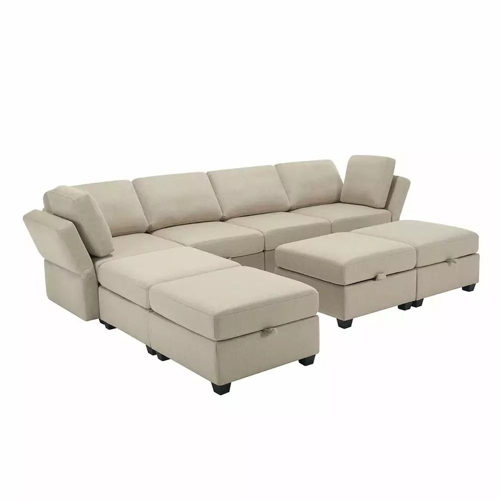 U-Shaped Sectional Sofa With Storage Ottoman. Free Combinations Modular Sofa With Thick Seat. Back Cushions For Living Room