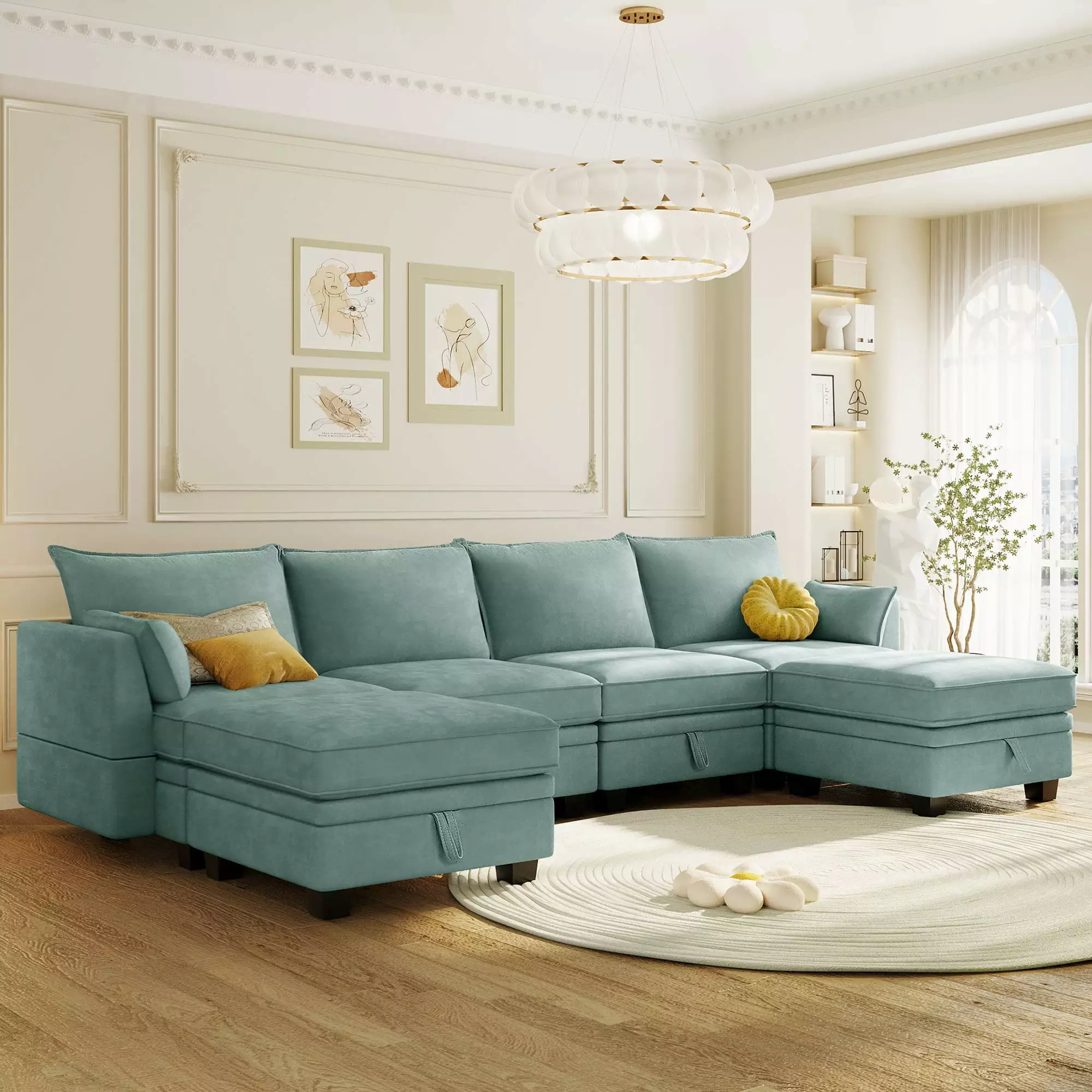 U_Style Modern Large U-Shape Modular Sectional Sofa. Convertible Sofa Bed with Reversible Chaise for Living Room. Storage Seat