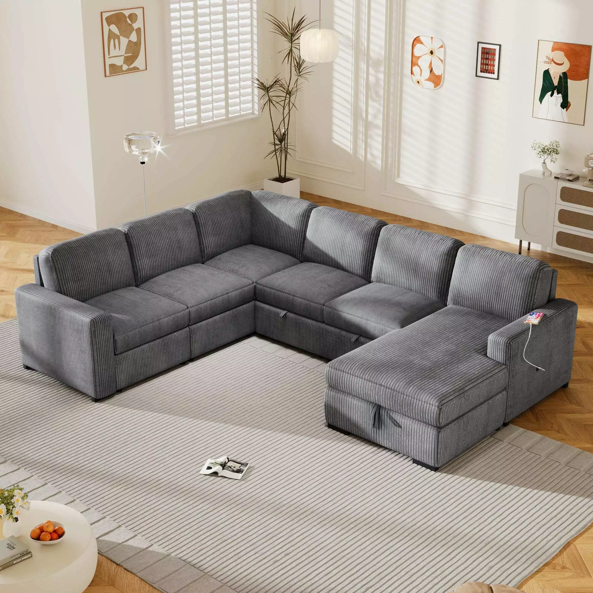 U_Style U-shaped Corduroy Combination Corner Sofa with Storage Lounge Chair. 6-seater Oversized Sofa. With USB interfaces.Suitable for Living Room. Office. and Spacious Space