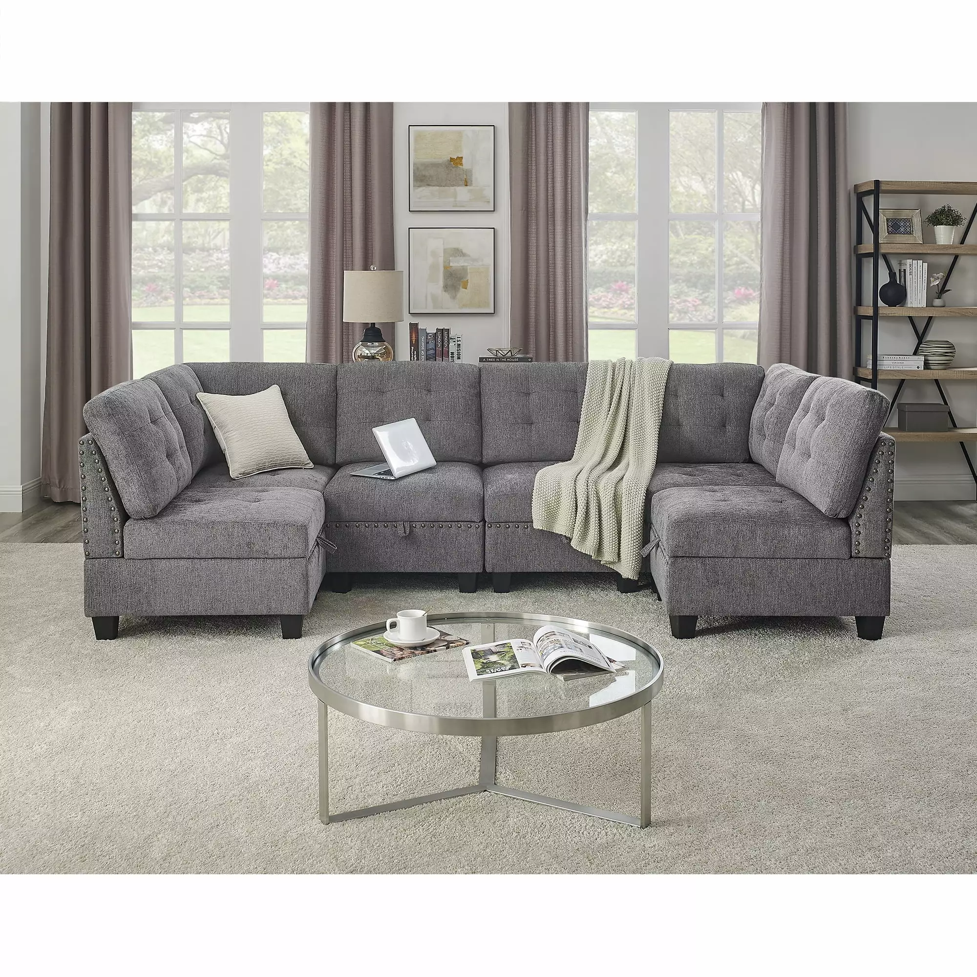 U shape Modular Sectional Sofa.DIY Combination.includes Four Single Chair and Two Corner.Grey Chenille