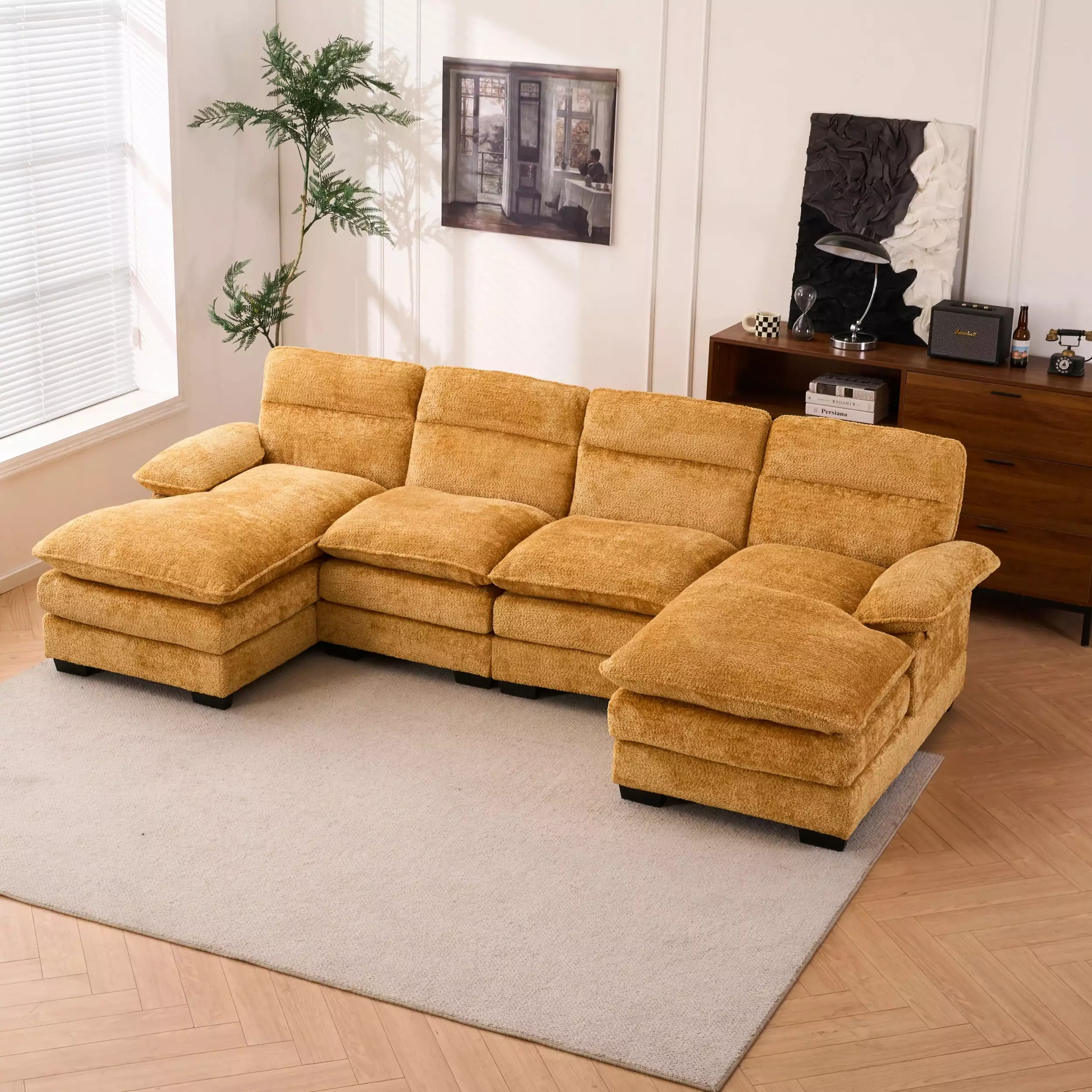 U-shaped profile sofa. including two single seats and two chaise. modular sofa. Chenille sofa.Yellow