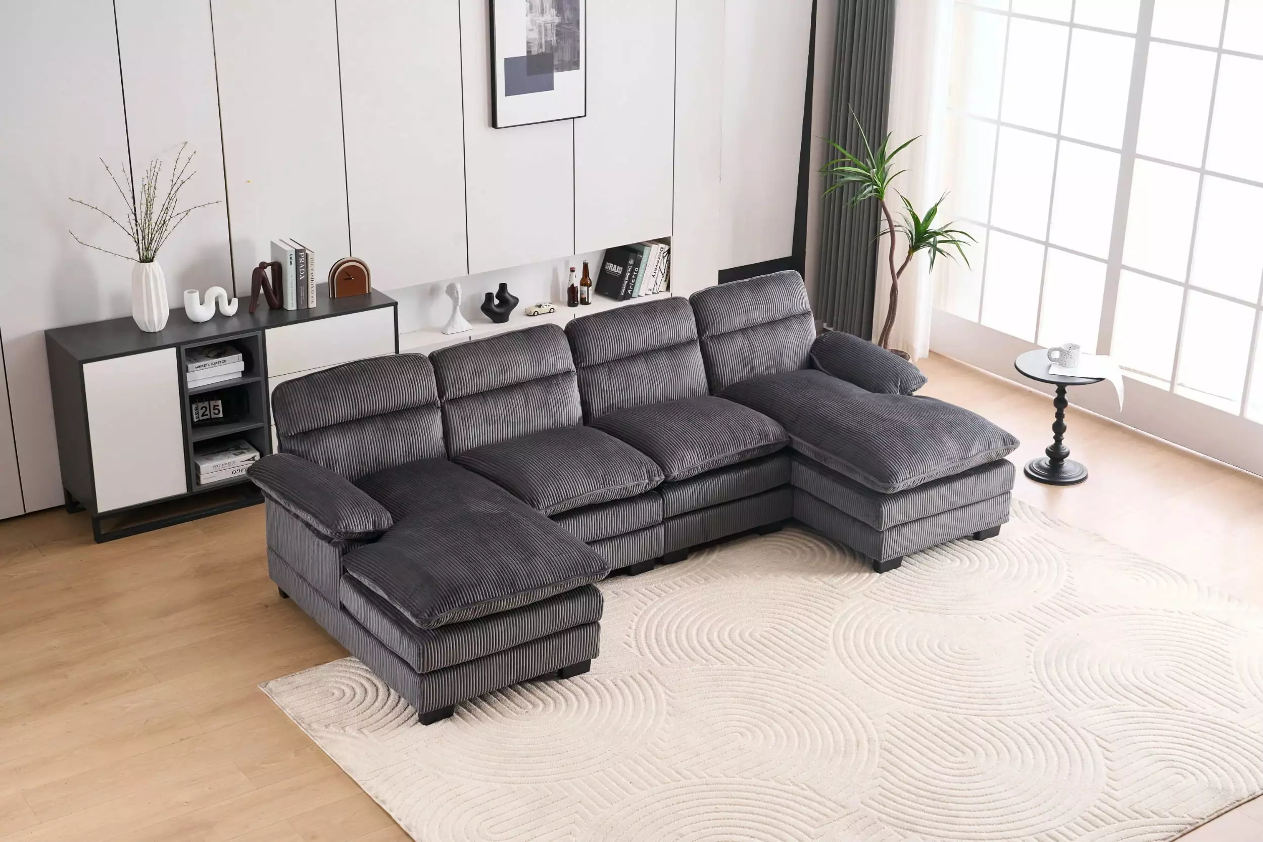 U-shaped profile sofa. including two single seats and two chaise. modular sofa. Corduroy sofa