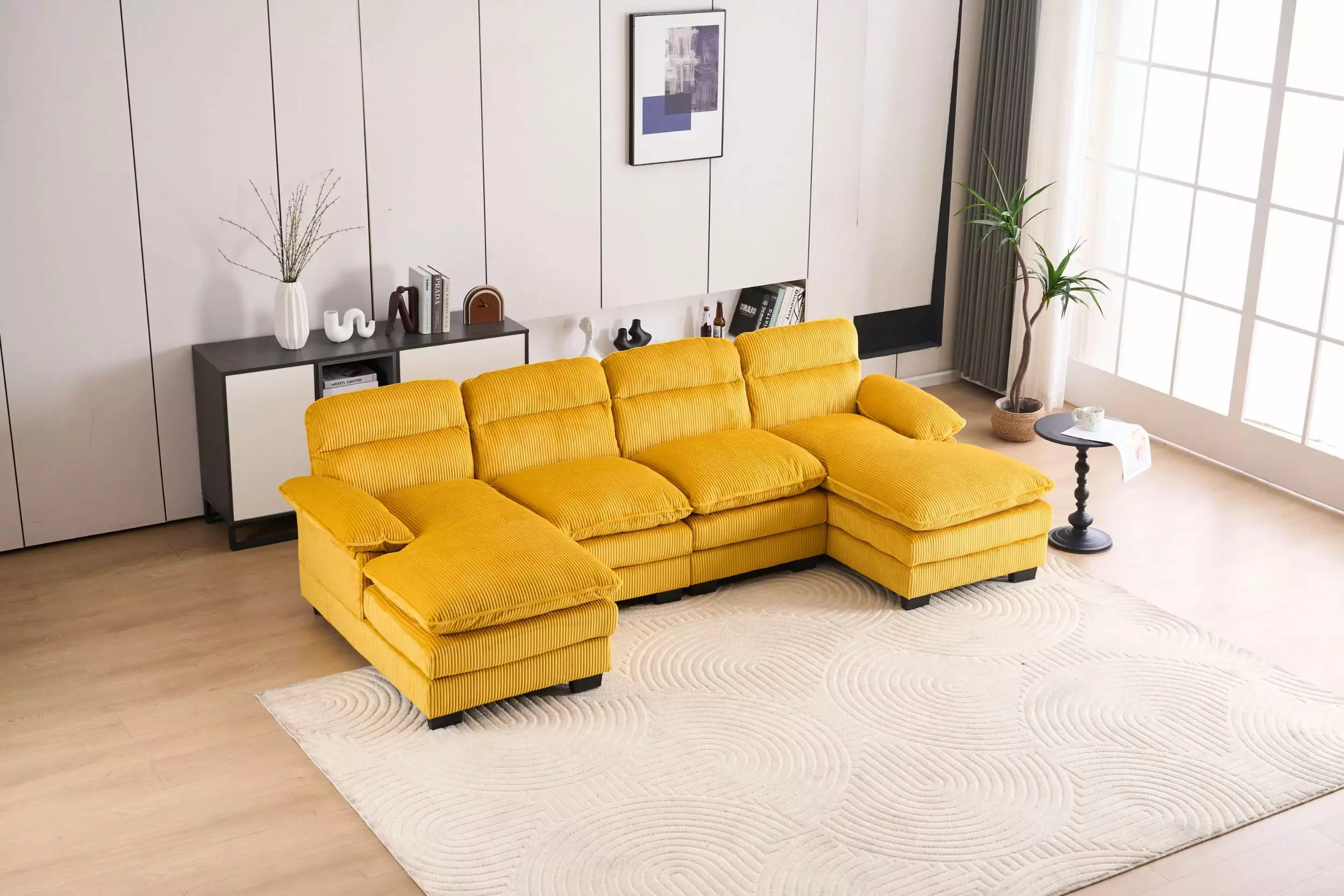 U-shaped profile sofa. including two single seats and two chaise. modular sofa. Corduroy sofa