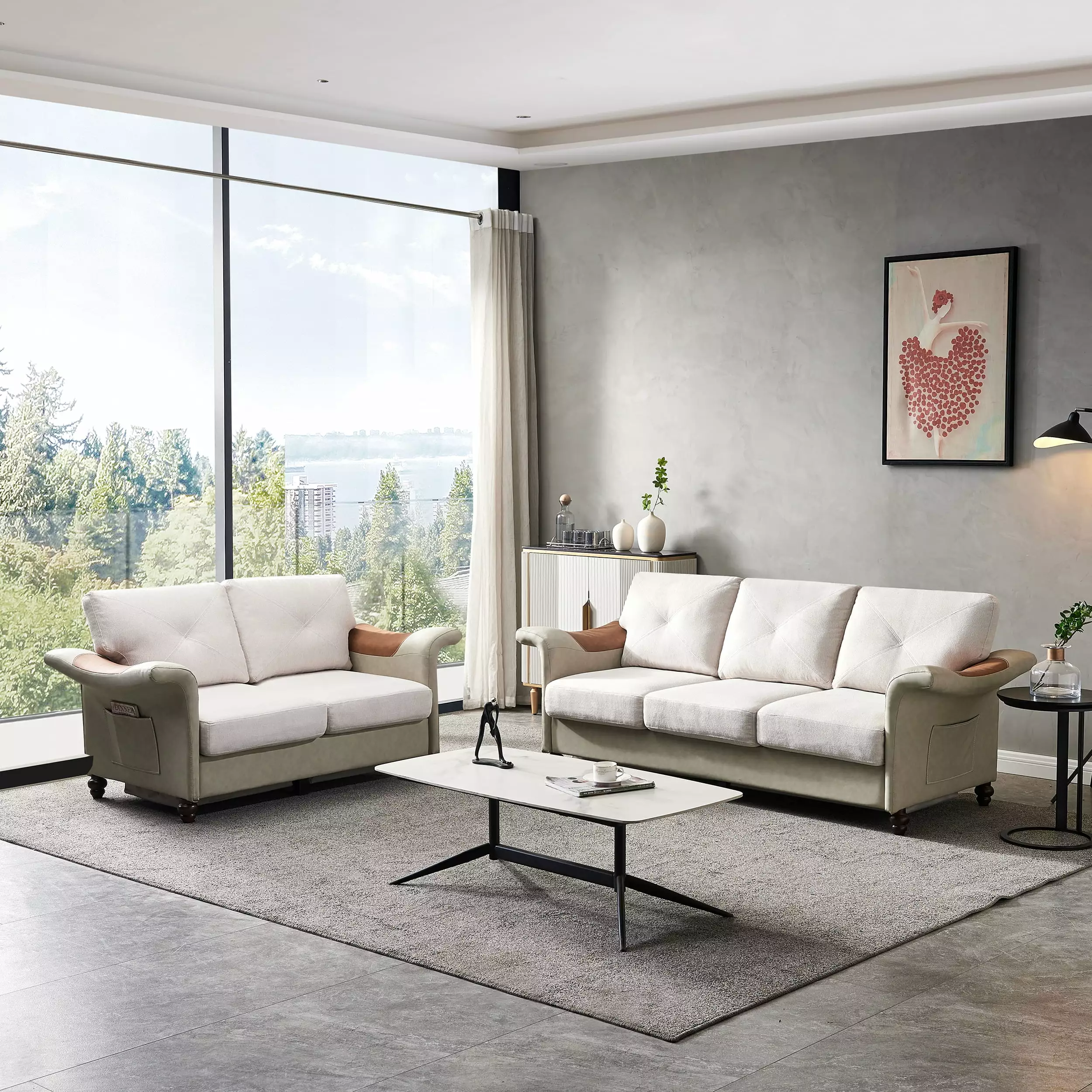 Ucloveria 2 Piece Sectional Sofa Sets. 3+2 Linen Fabric Faux Leather Couch Furniture. Three-Seat Chair & Love Seat