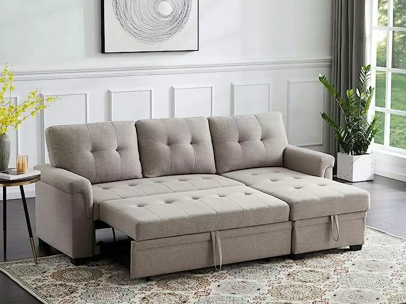 Ucloveria Linen Reversible Sleeper Sectional Sofa with Storage Chaise. L-Shape Design