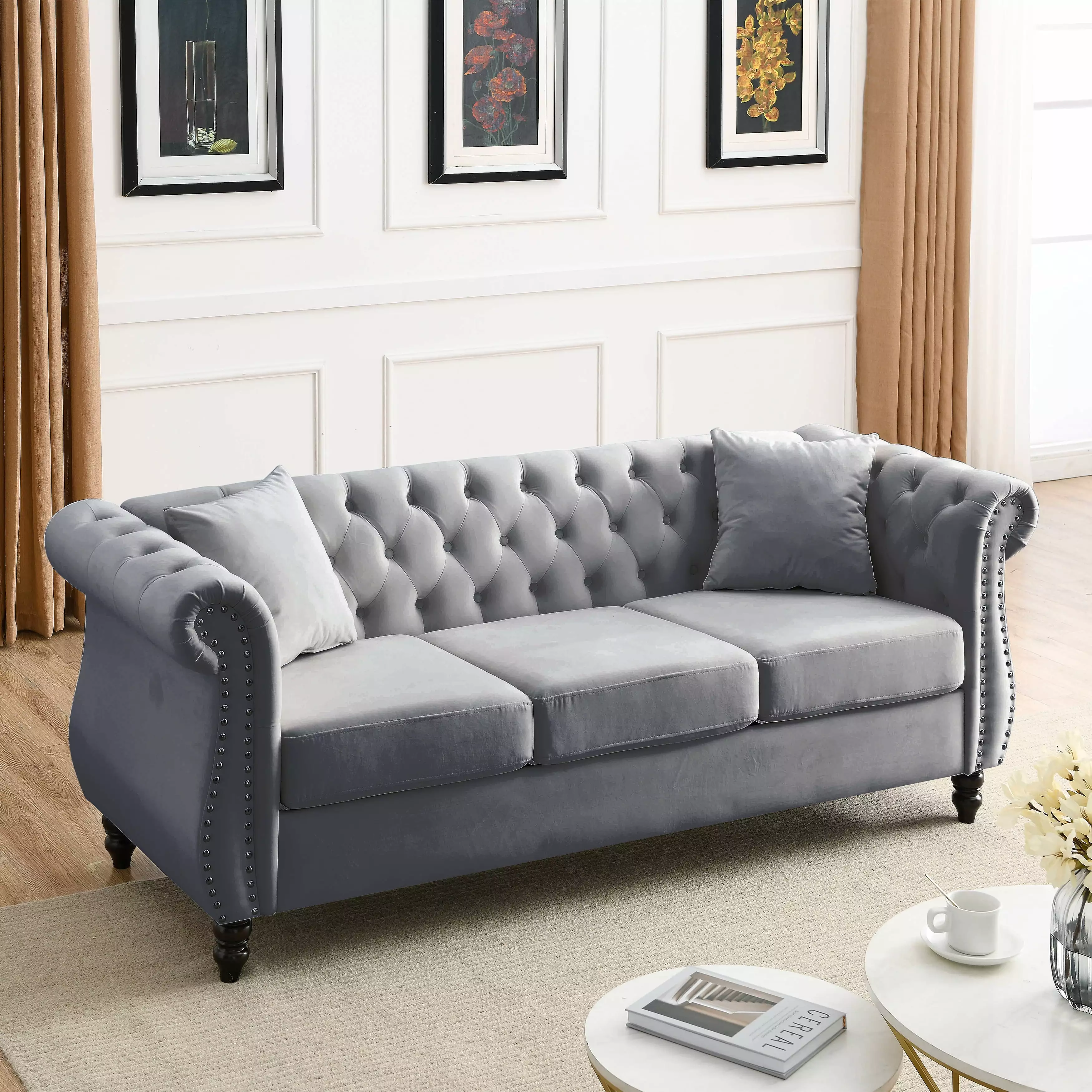 Ufurpie 80 3-Seater Velvet Chesterfield Sofa with 2 Pillows.Tufted Couch with Rolled Arms and Nailhead.for Living Room.Bedroom.Office.Apartment.Gray