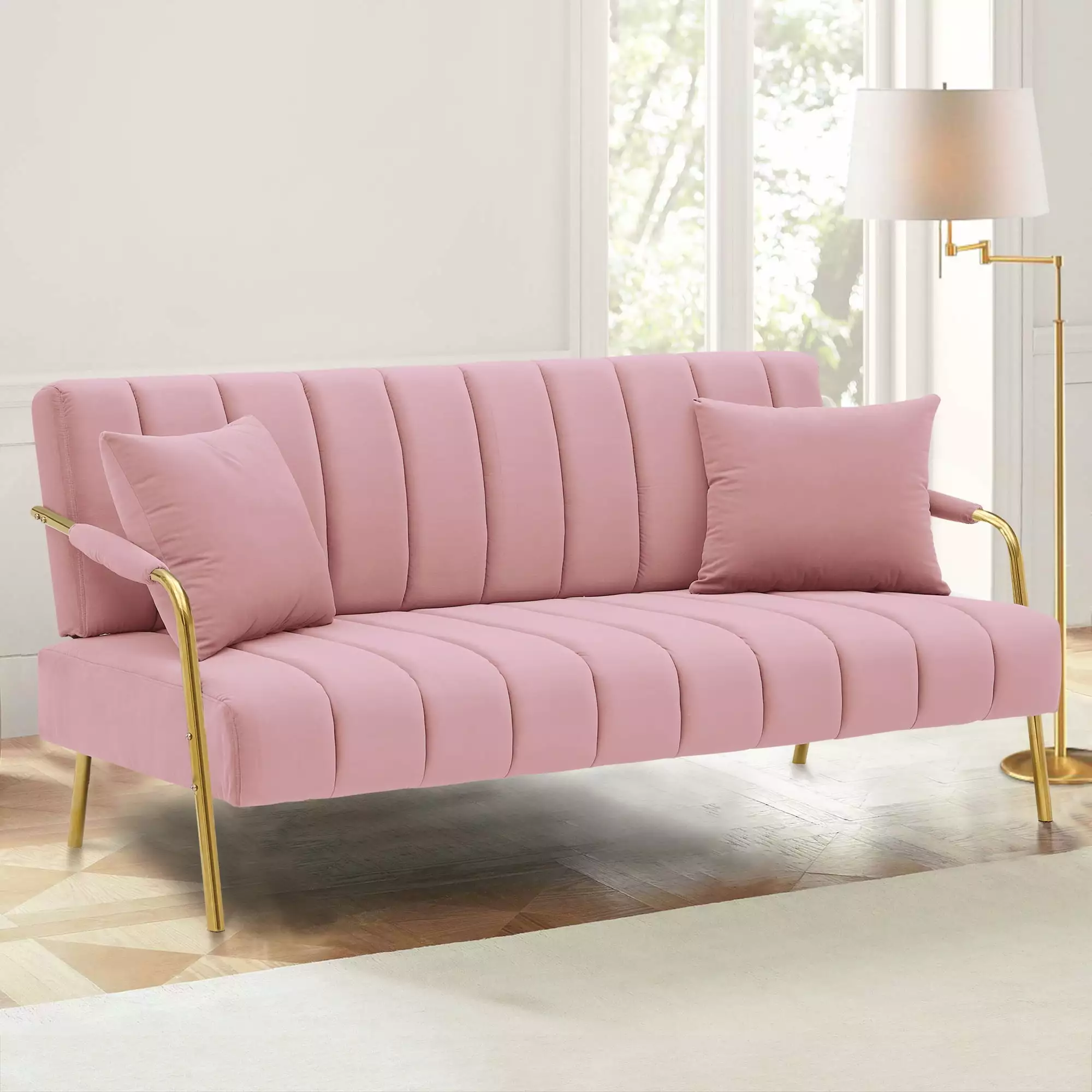 Ufurpie Modern Loveseat with 2 Throw Pillows.2 Seater Australian Cashmere Fabric Sofa.for Living Room.Bedroom.Apartment.Pink