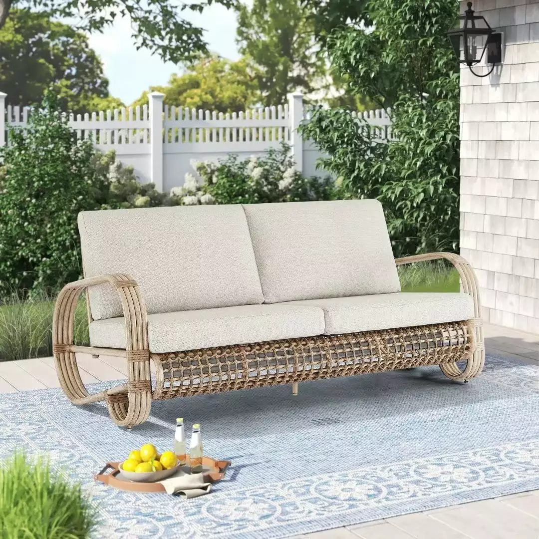 Ulax Furniture Patio Aluminum Loveseat Wicker 2 Person Bench Outdoor Sofa Chair with Olefin Cushions