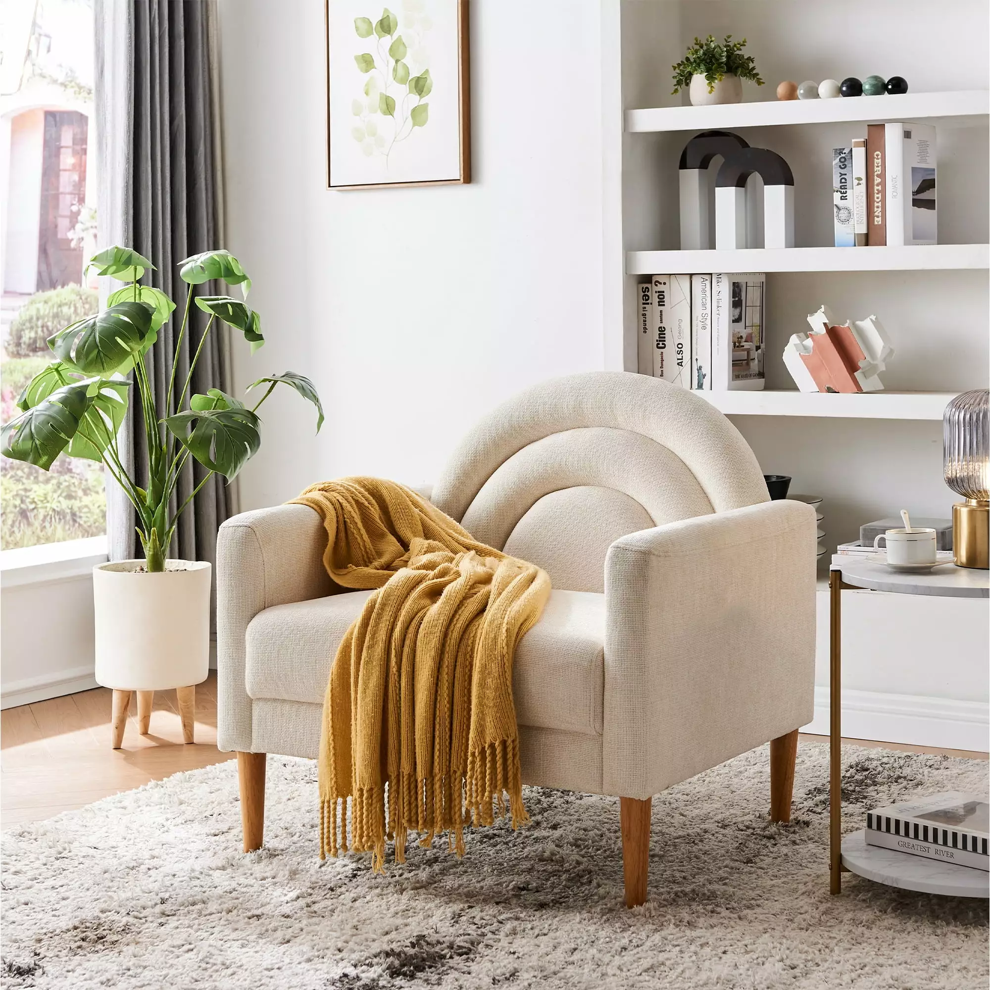 Upholstered Armchair Ergonomically designed Modern Accent Fabric Chair Single Sofa Comfy Upholstered Arm Chair Living Room Furniture Mustard Cream