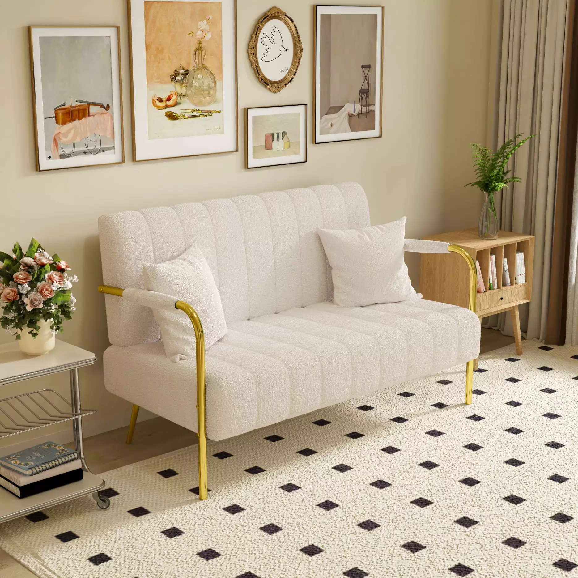 Upholstered Loveseat Sofa. 59 inch Modern Teddy Sleeper Sofa Couch with Square Arm and 4 Golden Metal Legs.Upholstered Love Seat for Living Room.Bedroom.Office. Apartment.Beige