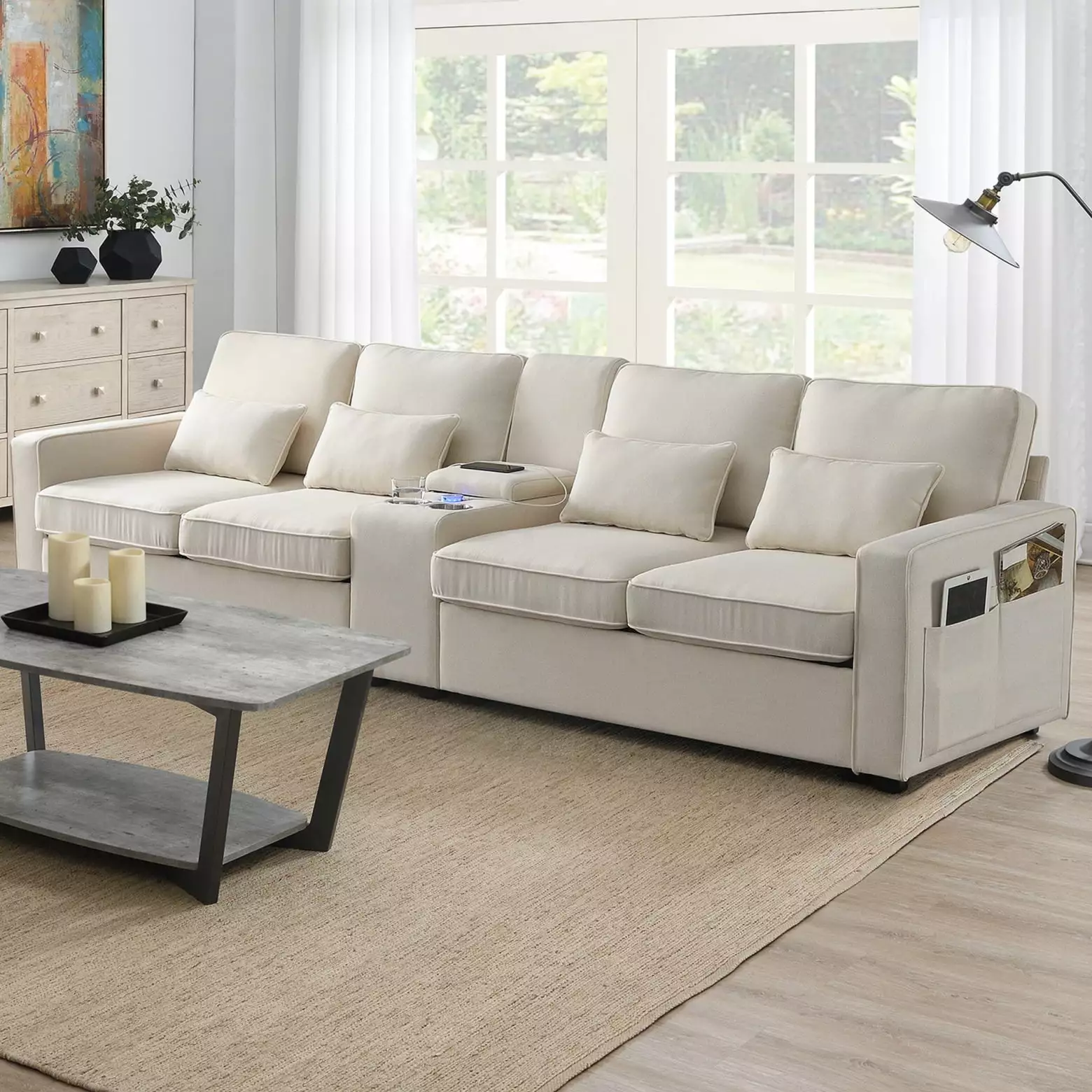 Upholstered Sectional Sofa with Console. Cup Holders and USB Ports & Wirelessly Charged. Modern Linen Fabric 4-Seater Couch with 4 Pillows for Living Room. Apartment. Office(114.2inch-Beige)