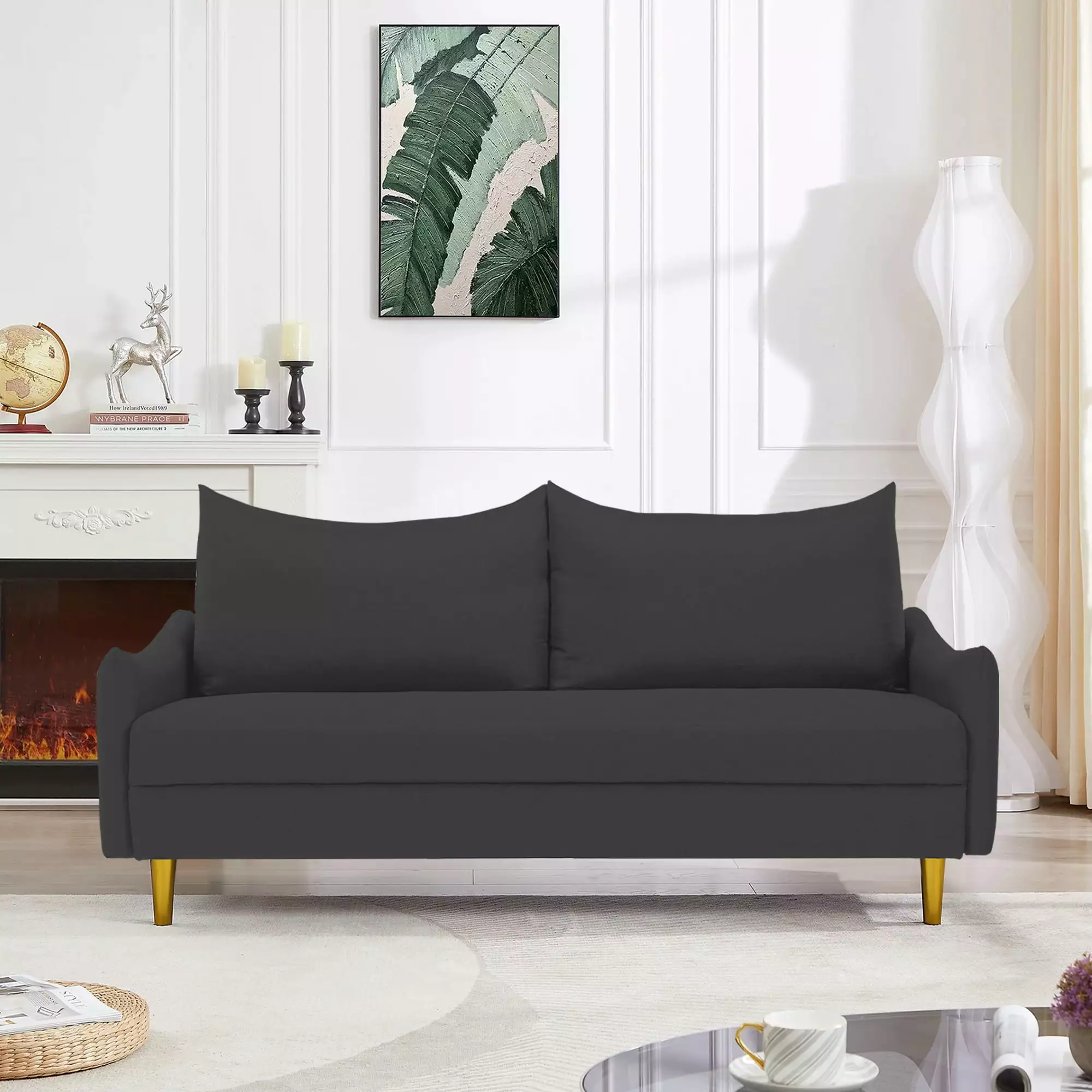 Upholstered Sofa Couch for Living Room. Modern 2 Seater Loveseat Futon Sofa. Dark Gray