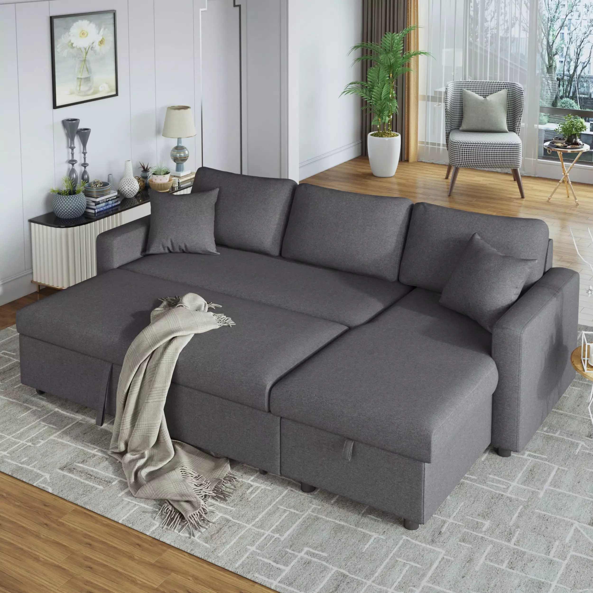 Upholstery Sleeper Sectional Sofa Grey with Storage Space. 2 Tossing Cushions