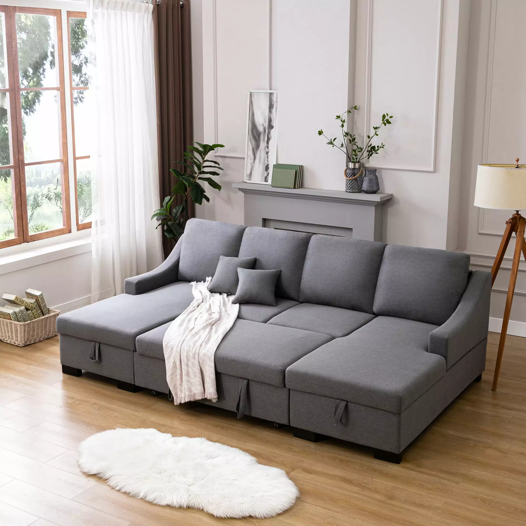 Upholstery Sleeper Sectional Sofa with Double Storage Spaces. 2 Tossing Cushions. Grey