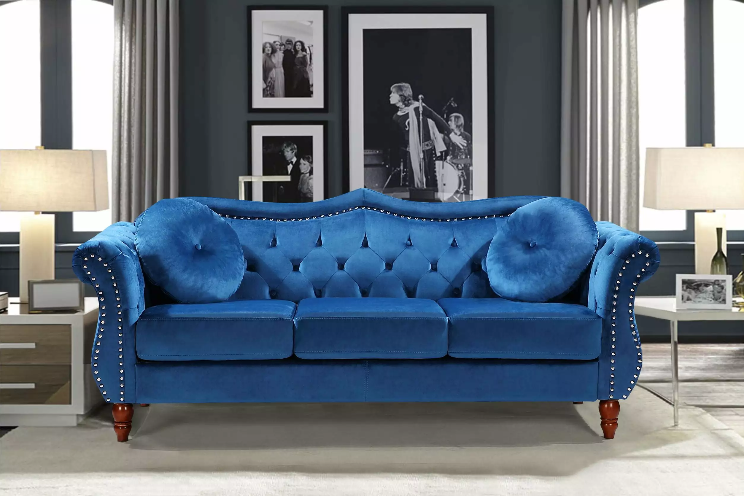 Uspridefurniture Wymore 79.5'' Velvet Rolled Arm Sofa.Blue