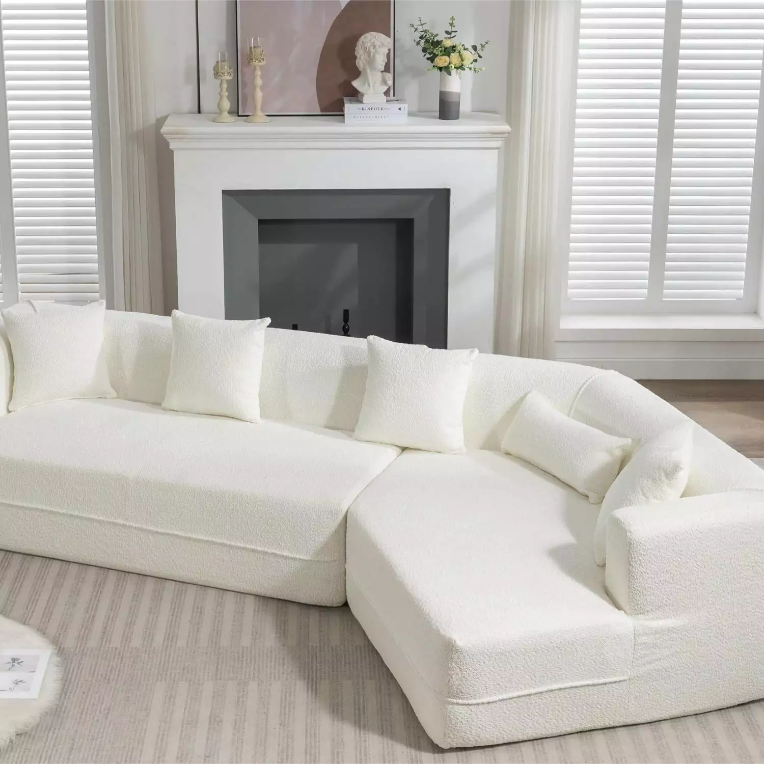 [VIDEO PROVIDED] Modern Minimalist Modular Living Room Sofa Set with Salon Upholstered Sleeper Sofa in Creamy-White Anti-Wrinkle Fabric 2 PC Free Combination Round Fiber Fabric Included