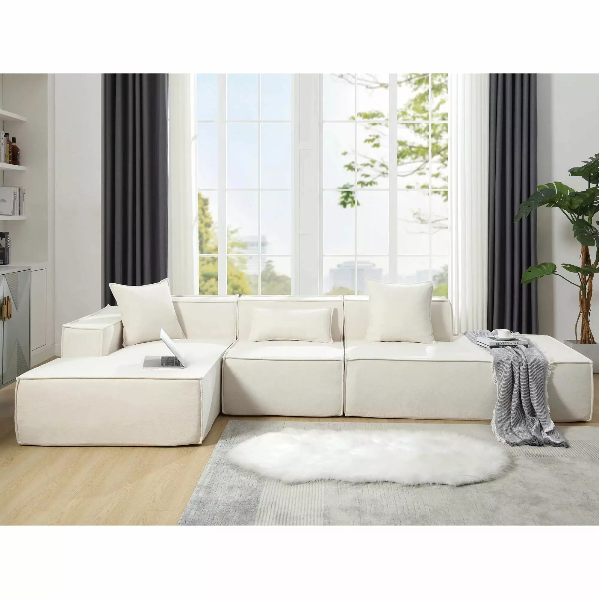 [VIDEO PROVIDED] Modular combination living room sofa set. modern minimalist sofa. free installation sofa. L-shaped. Italian minimalist tofu block sofa. Beige