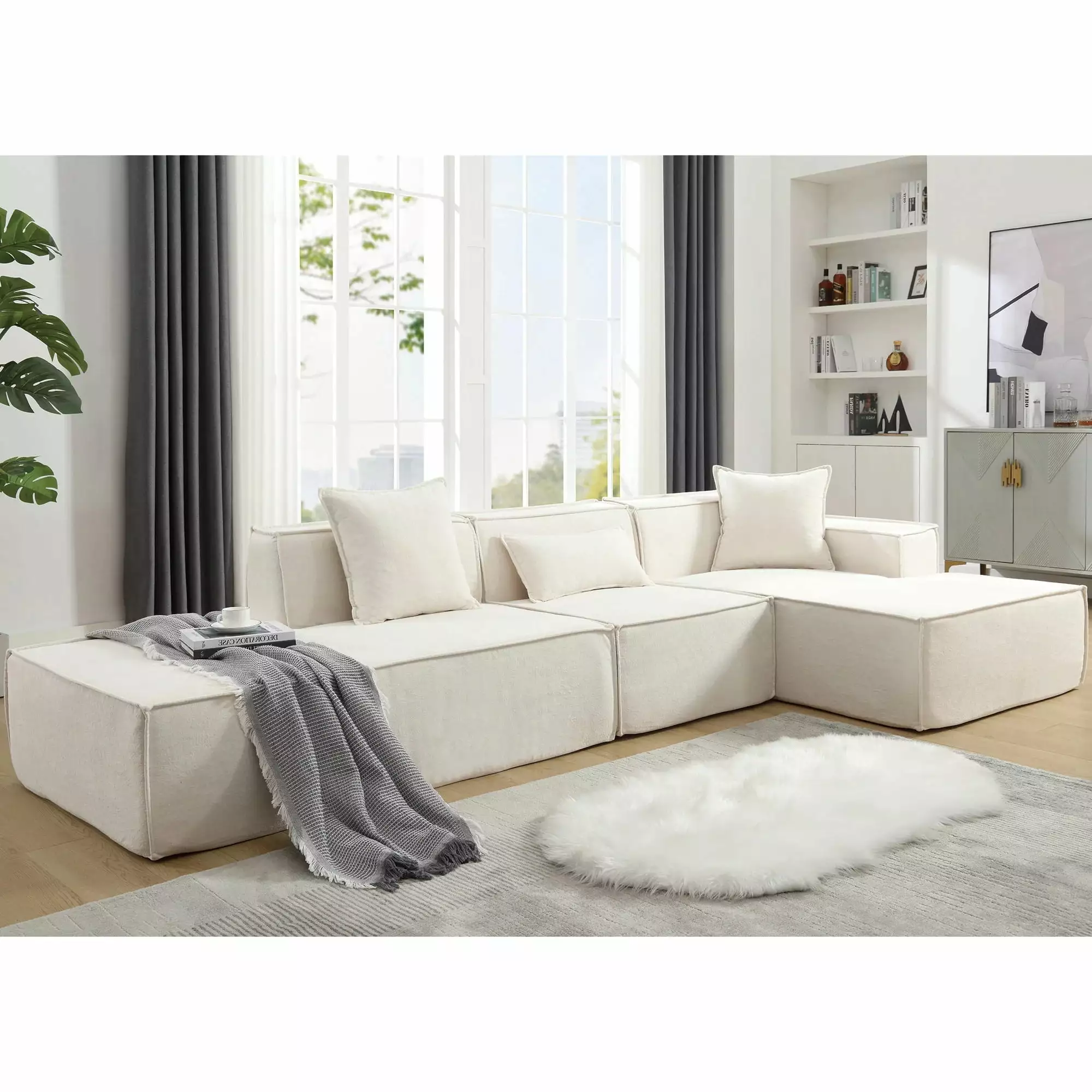 [VIDEO PROVIDED] Modular combination living room sofa set. modern minimalist sofa. free installation sofa. L-shaped. Italian minimalist tofu block sofa. Beige