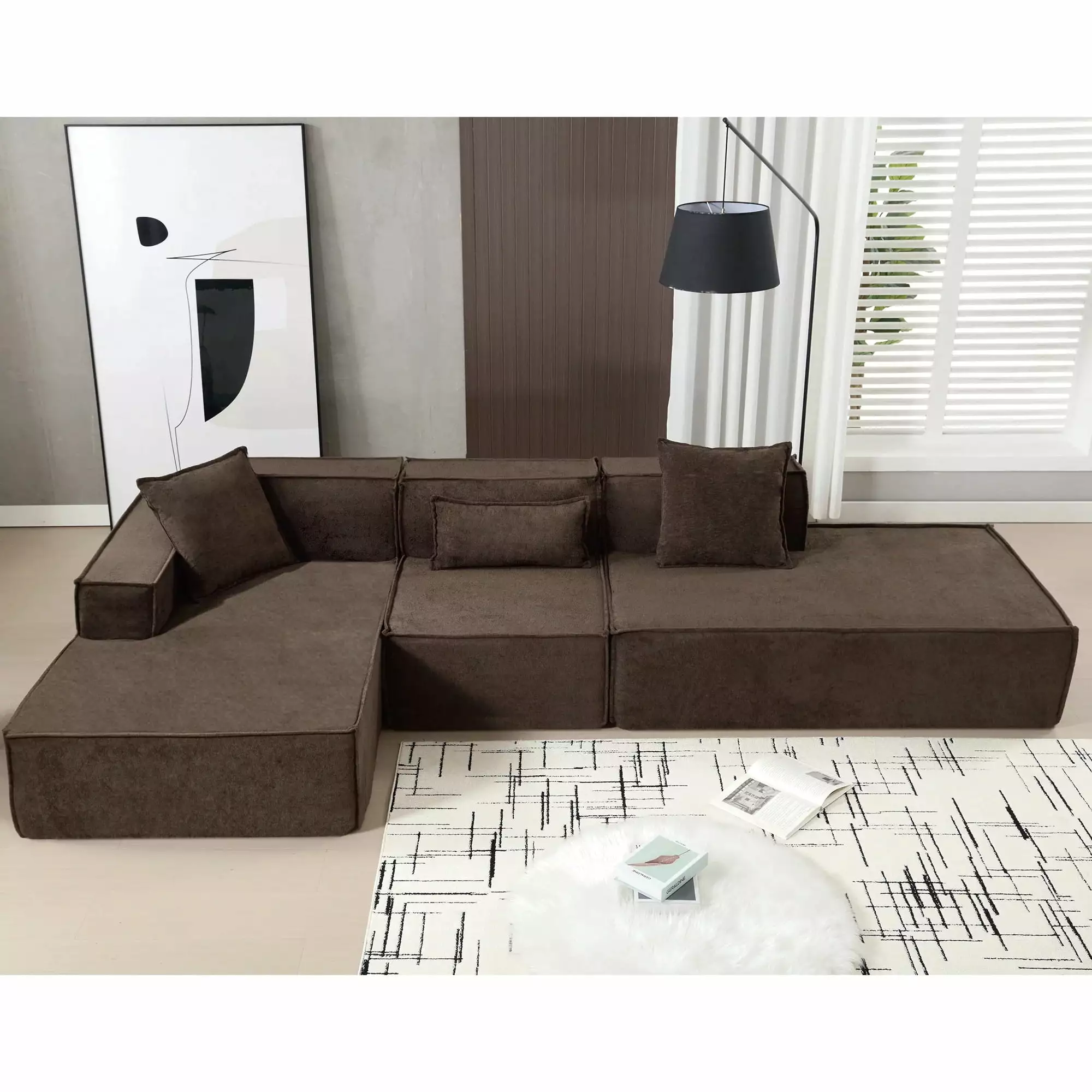 [VIDEO PROVIDED] Modular combination living room sofa set. modern minimalist sofa. free installation sofa. L-shaped. Italian minimalist tofu block sofa. Left-Hand Facing.Dark brown