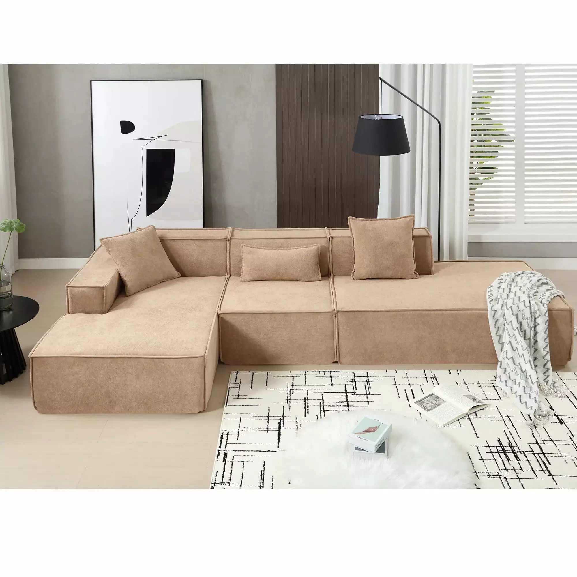 [VIDEO PROVIDED] Modular combination living room sofa set. modern minimalist sofa. free installation sofa. L-shaped. Italian minimalist tofu block sofa. Left-Hand Facing. Light Brown