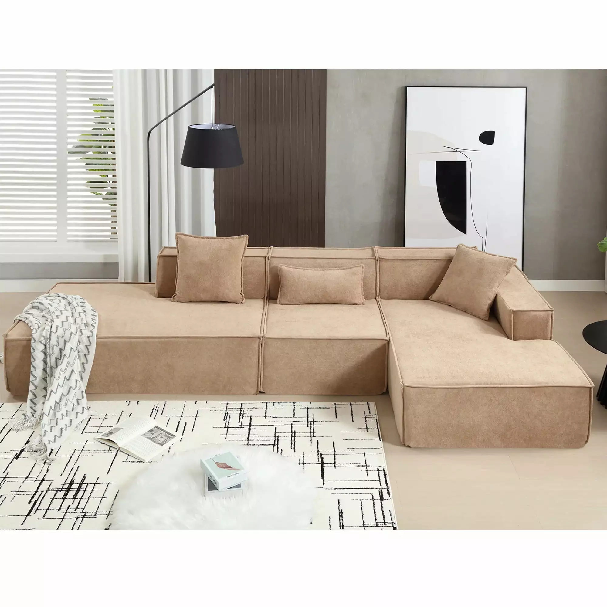 [VIDEO PROVIDED] Modular combination living room sofa set. modern minimalist sofa. free installation sofa. L-shaped. Italian minimalist tofu block sofa. Right-Hand Facing.Light Brown